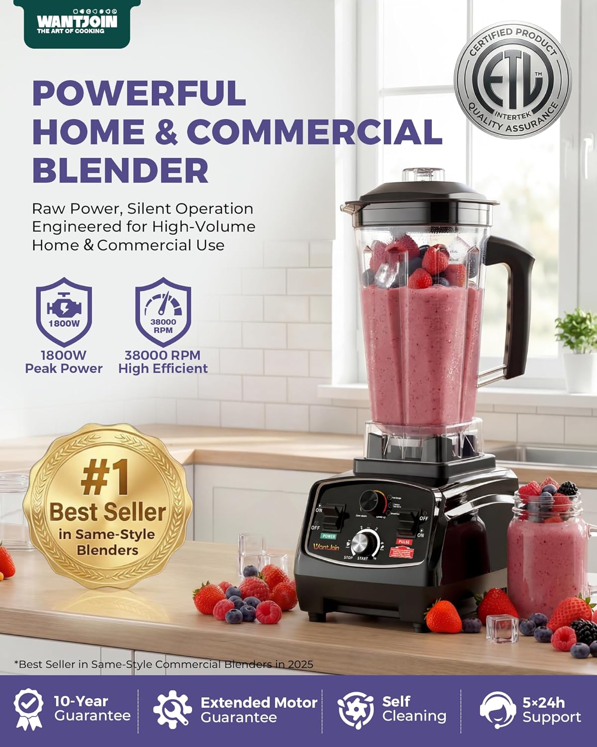 ORANGLES WantJoin Professional Commercial Blender 1800W | 70oz High-Power Kitchen Blender with Timer for Smoothies, Ice Crushing & Hot Soups - angled perspective - Image 4 of 4 | excellent for daily use | New York | Free Shipping ORANGLES