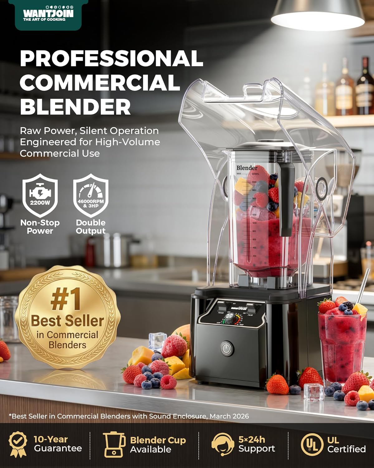 ORANGLES WantJoin 2200W Professional Commercial Blender with Quiet Shield | High-Power Self-Cleaning Smoothie Blender for Commercial & Home Use - angled perspective - Image 4 of 4 | excellent for daily use | New York | Free Shipping ORANGLES