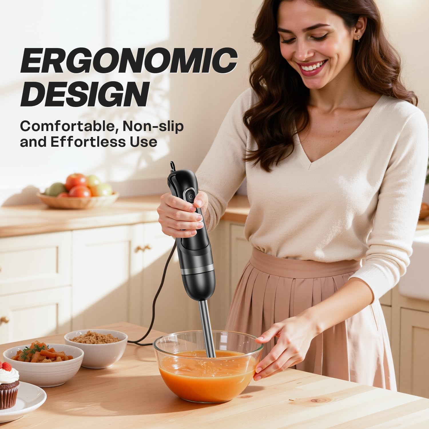 ORANGLES Handheld Immersion Blender Stick Mixer | Corded Electric Blender with 2-Speed Stainless Steel Blades for Soup, Smoothies & Baby Food - detailed closeup view - Image 3 of 4 | great for travel | Texas | Free Shipping ORANGLES
