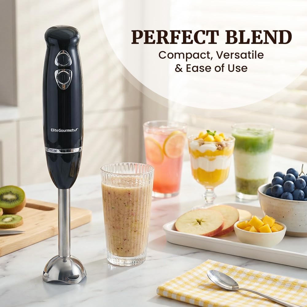 ORANGLES Elite Gourmet EHB1015 Immersion Hand Blender 500W | 2-Speed Stick Mixer with Stainless Steel Blades for Smoothies & Soup - angled perspective - Image 4 of 4 | excellent for daily use | New York | Free Shipping ORANGLES