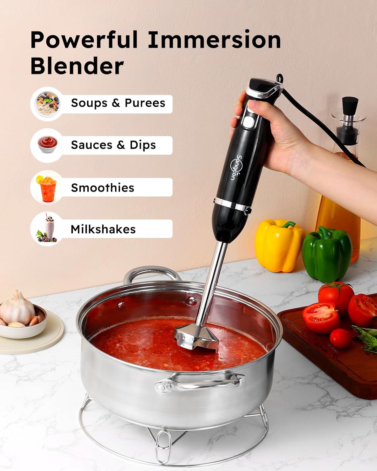 ORANGLES Sangcon 3-in-1 Immersion Hand Blender 400W | Handheld Stick Mixer with Whisk & Milk Frother Attachments - detailed closeup view - Image 3 of 4 | great for travel | Texas | Free Shipping ORANGLES