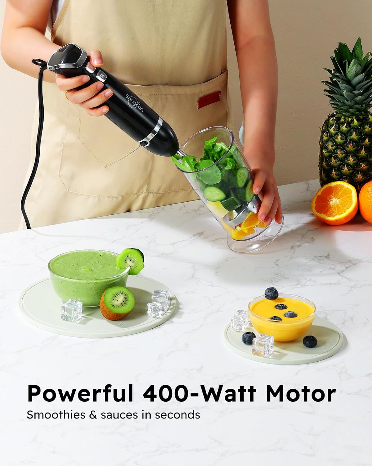ORANGLES Sangcon 3-in-1 Immersion Hand Blender 400W | Handheld Stick Mixer with Whisk & Milk Frother Attachments - angled perspective - Image 4 of 4 | excellent for daily use | New York | Free Shipping ORANGLES