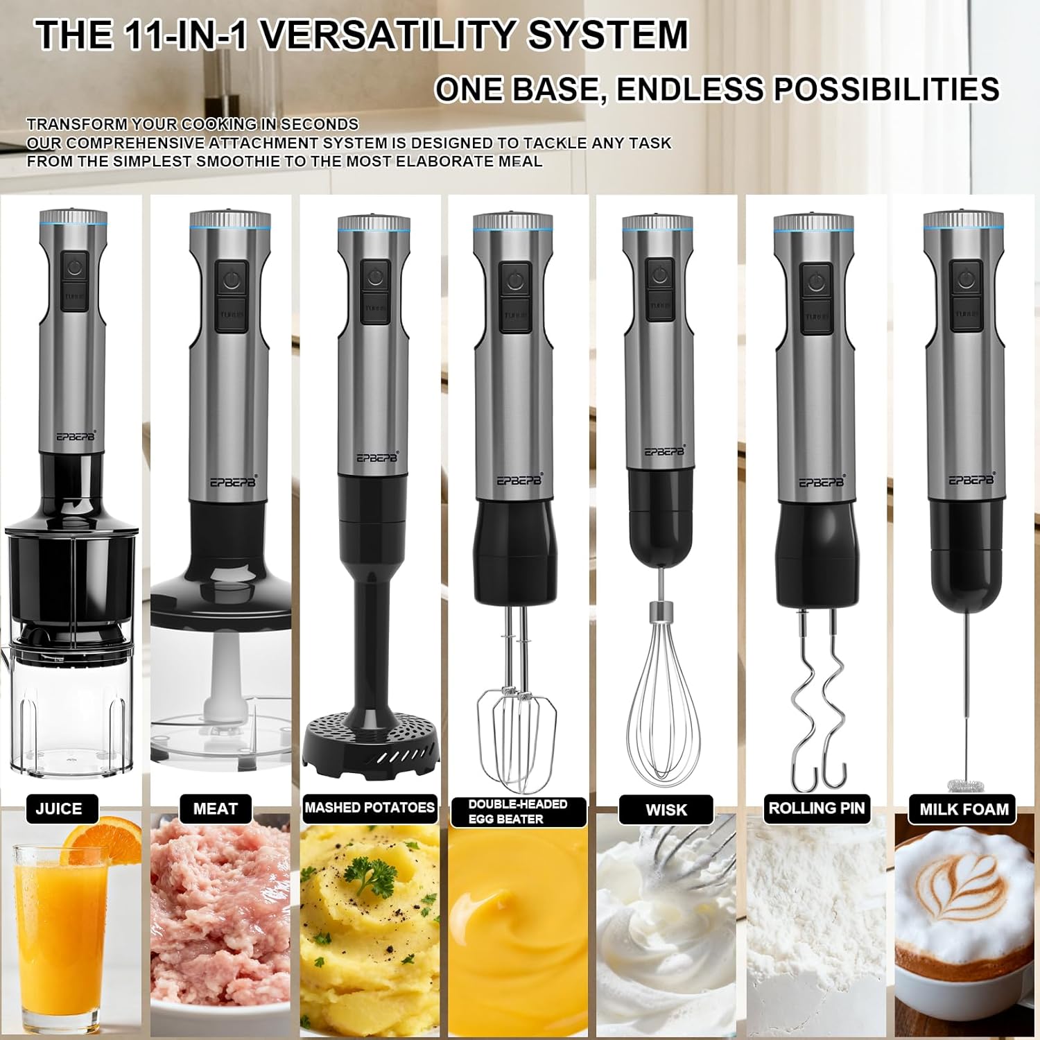 ORANGLES 1000W 12-in-1 Handheld Immersion Blender Set | Multi-Function Stick Mixer with Juicer, Chopper, Milk Frother & Dough Hook - detailed closeup view - Image 3 of 4 | great for travel | Texas | Free Shipping ORANGLES