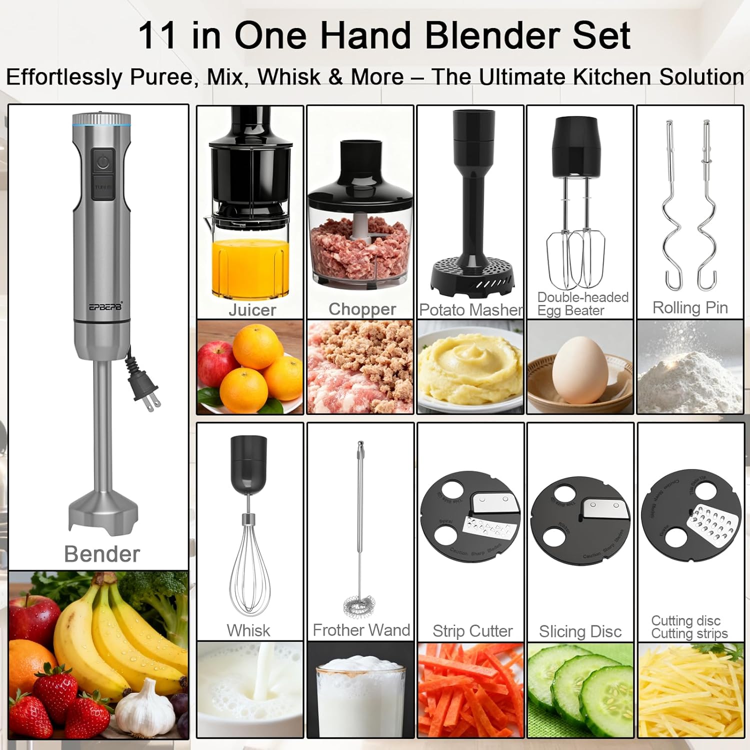 ORANGLES 1000W 12-in-1 Handheld Immersion Blender Set | Multi-Function Stick Mixer with Juicer, Chopper, Milk Frother & Dough Hook - angled perspective - Image 4 of 4 | excellent for daily use | New York | Free Shipping ORANGLES