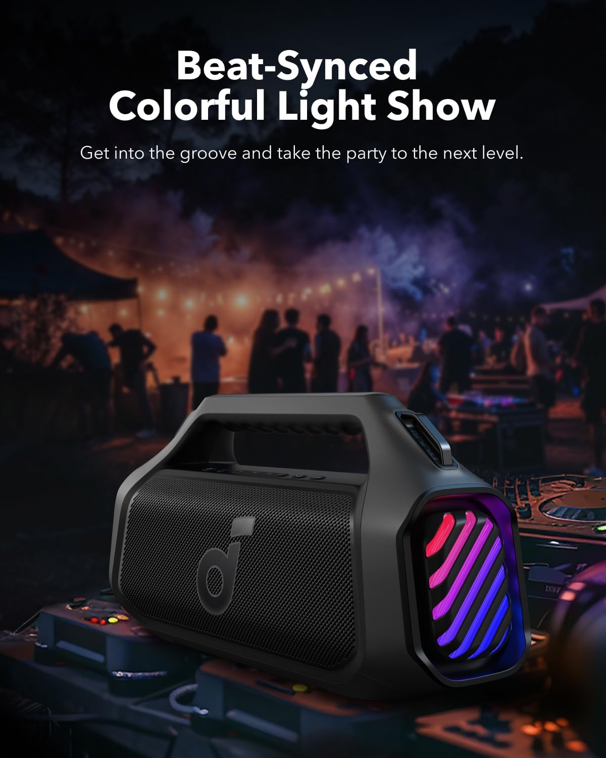 ORANGLES Boom 2 Plus Portable Speaker by Anker – 140W Bluetooth Speaker with BassUp 2.0, IPX7 Waterproof, RGB Lights, 20H Playtime & Power Bank - high resolution display - Image 2 of 4 | perfect for office | California | Free Shipping ORANGLES