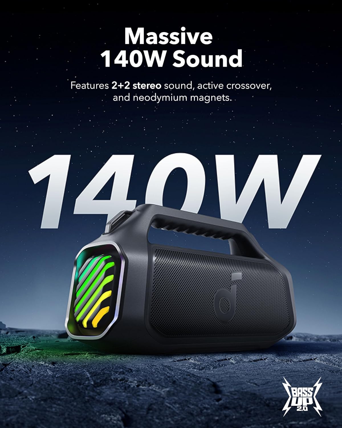 ORANGLES Boom 2 Plus Portable Speaker by Anker – 140W Bluetooth Speaker with BassUp 2.0, IPX7 Waterproof, RGB Lights, 20H Playtime & Power Bank - detailed closeup view - Image 3 of 4 | great for travel | Texas | Free Shipping ORANGLES