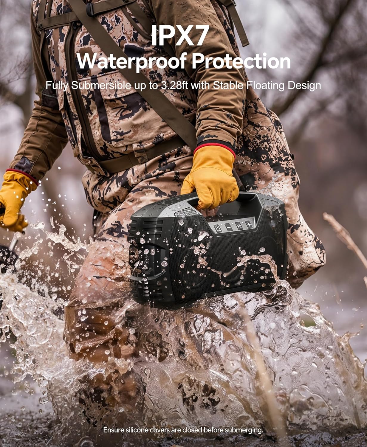 ORANGLES IPX7 Waterproof Outdoor Bluetooth Speaker – 90W Peak Wireless Portable Speaker with Deep Bass, 32H Playtime, Floating Design & Stereo Sound for Pool, Beach & Hiking (Black) - detailed closeup view - Image 3 of 4 | great for travel | Texas | Free Shipping ORANGLES