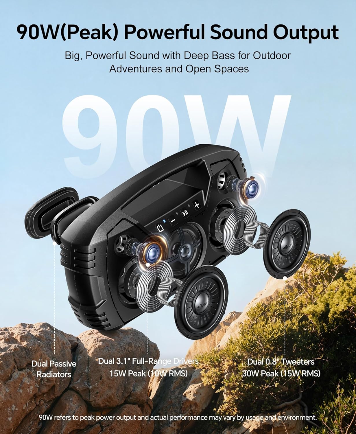 ORANGLES IPX7 Waterproof Outdoor Bluetooth Speaker – 90W Peak Wireless Portable Speaker with Deep Bass, 32H Playtime, Floating Design & Stereo Sound for Pool, Beach & Hiking (Black) - angled perspective - Image 4 of 4 | excellent for daily use | New York | Free Shipping ORANGLES