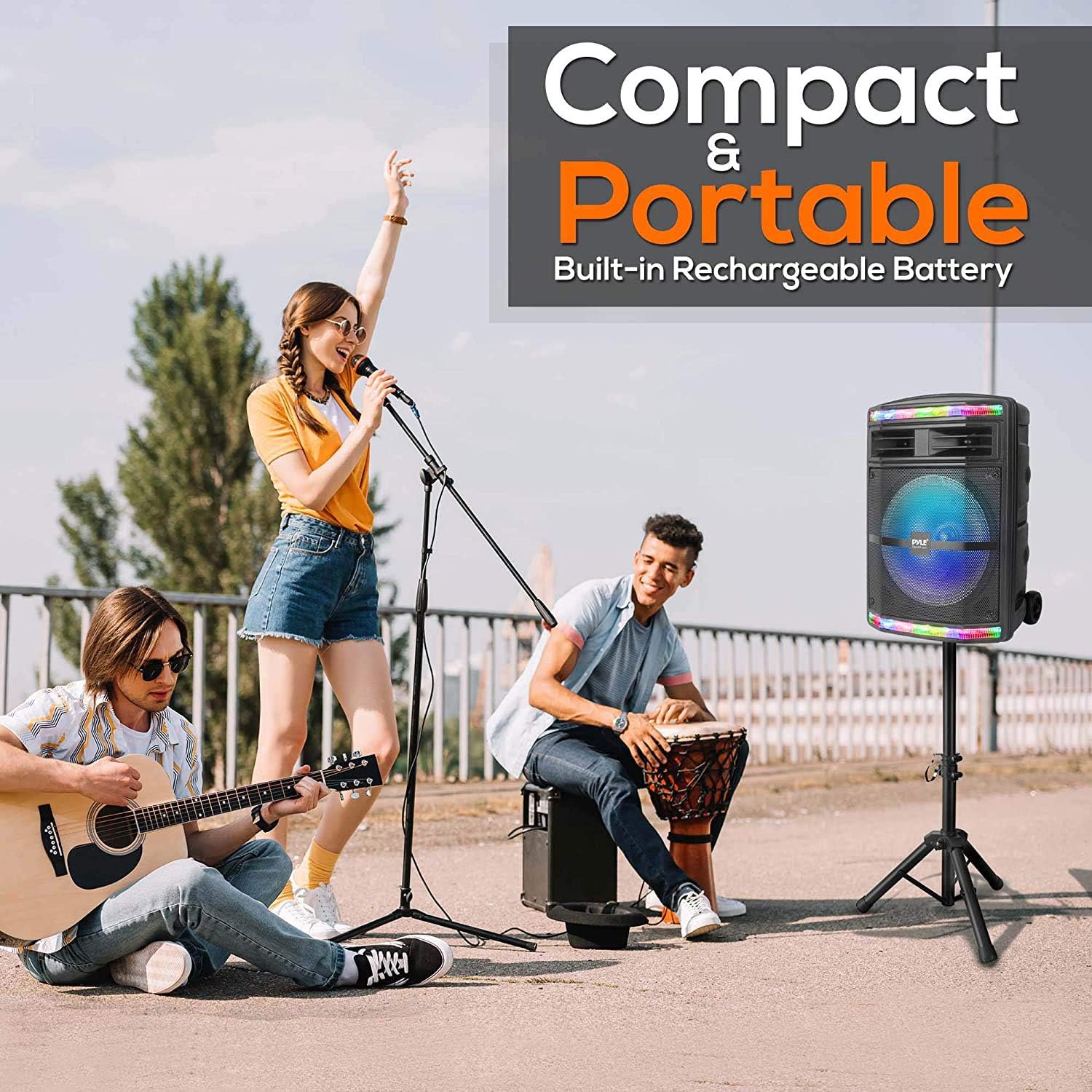 ORANGLES Pyle Portable Bluetooth PA Speaker System 600W – Rechargeable Party Speaker with Wheels, LED Lights, MP3/USB/SD Support & Wireless PA System (PPHP1044B) - high resolution display - Image 2 of 5 | perfect for office | California | Free Shipping ORANGLES