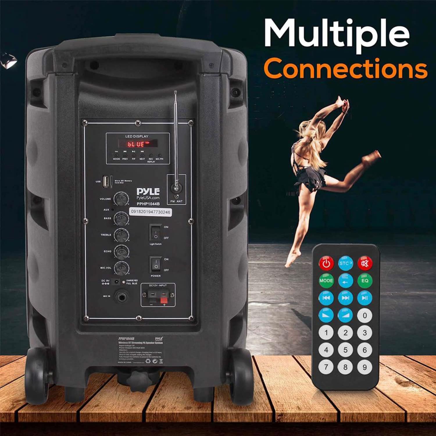 ORANGLES Pyle Portable Bluetooth PA Speaker System 600W – Rechargeable Party Speaker with Wheels, LED Lights, MP3/USB/SD Support & Wireless PA System (PPHP1044B) - detailed closeup view - Image 3 of 5 | great for travel | Texas | Free Shipping ORANGLES