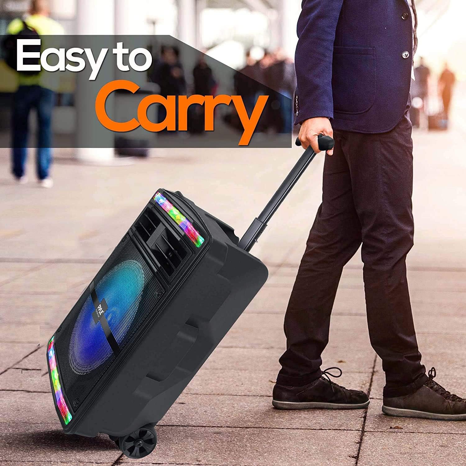 ORANGLES Pyle Portable Bluetooth PA Speaker System 600W – Rechargeable Party Speaker with Wheels, LED Lights, MP3/USB/SD Support & Wireless PA System (PPHP1044B) - angled perspective - Image 4 of 5 | excellent for daily use | New York | Free Shipping ORANGLES