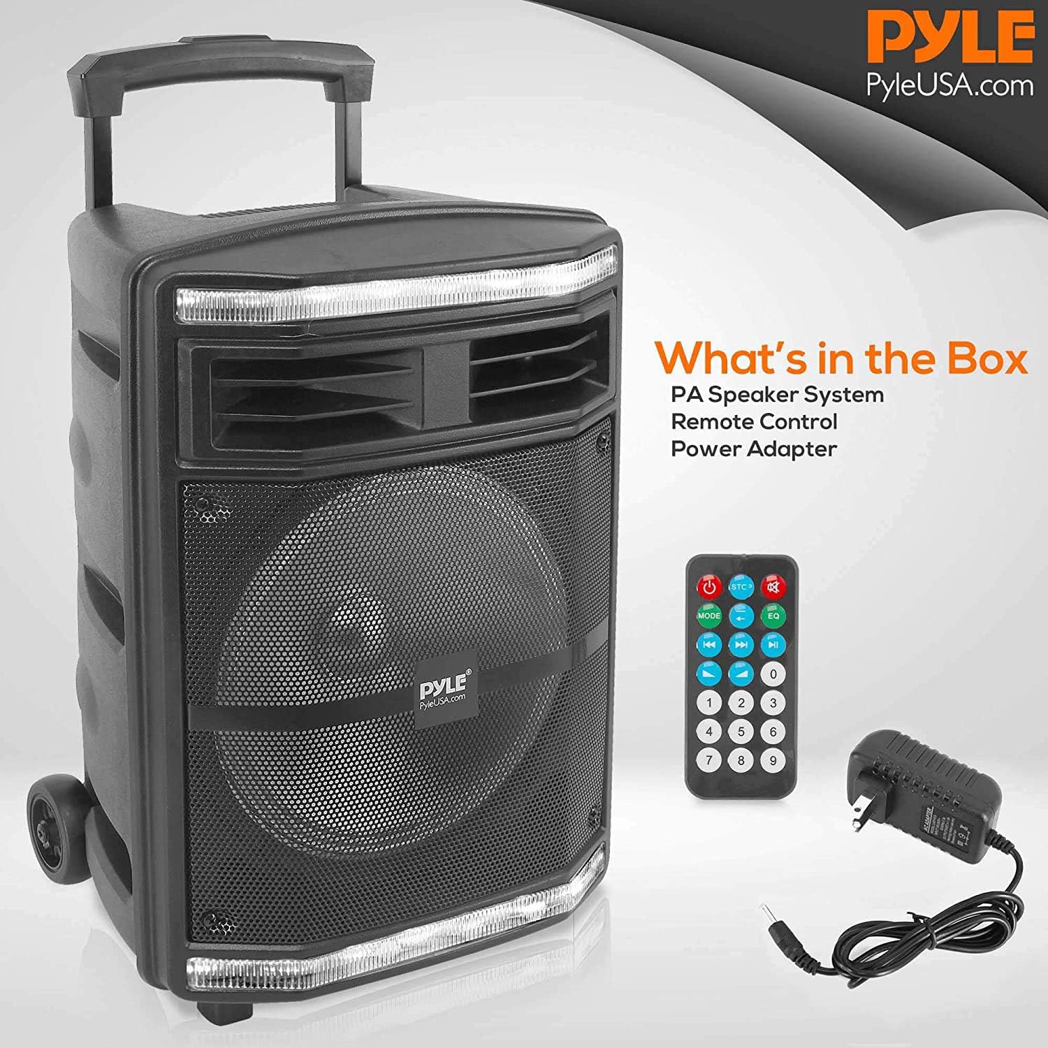 ORANGLES Pyle Portable Bluetooth PA Speaker System 600W – Rechargeable Party Speaker with Wheels, LED Lights, MP3/USB/SD Support & Wireless PA System (PPHP1044B) - full product showcase - Image 5 of 5 | suitable for professionals | Florida | Free Shipping ORANGLES