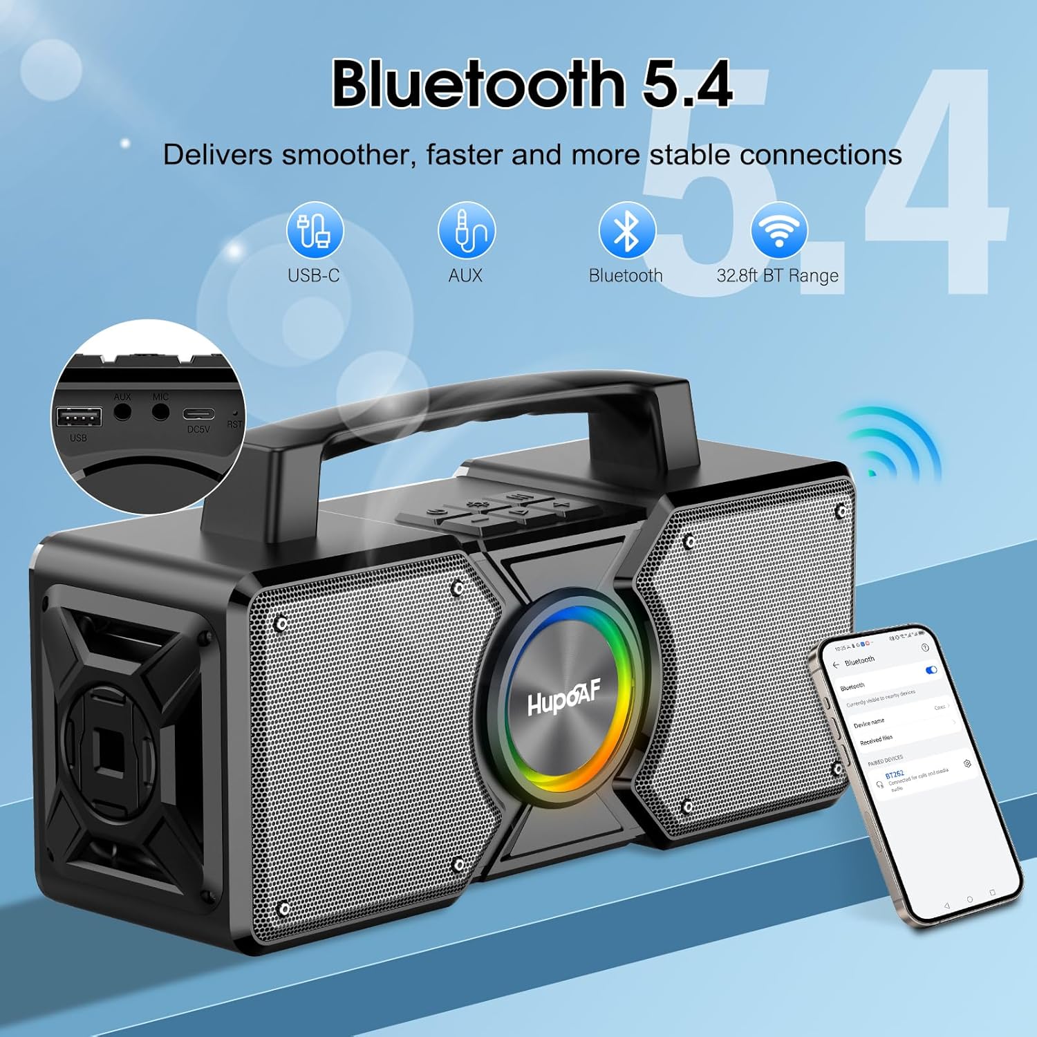 ORANGLES Hupoaf Bluetooth Wireless Speaker 160W Max – Outdoor Boombox with Loud Bass, IPX7 Waterproof, TWS Pairing & All-Day Battery for Party, Beach & Garage - angled perspective - Image 4 of 5 | excellent for daily use | New York | Free Shipping ORANGLES