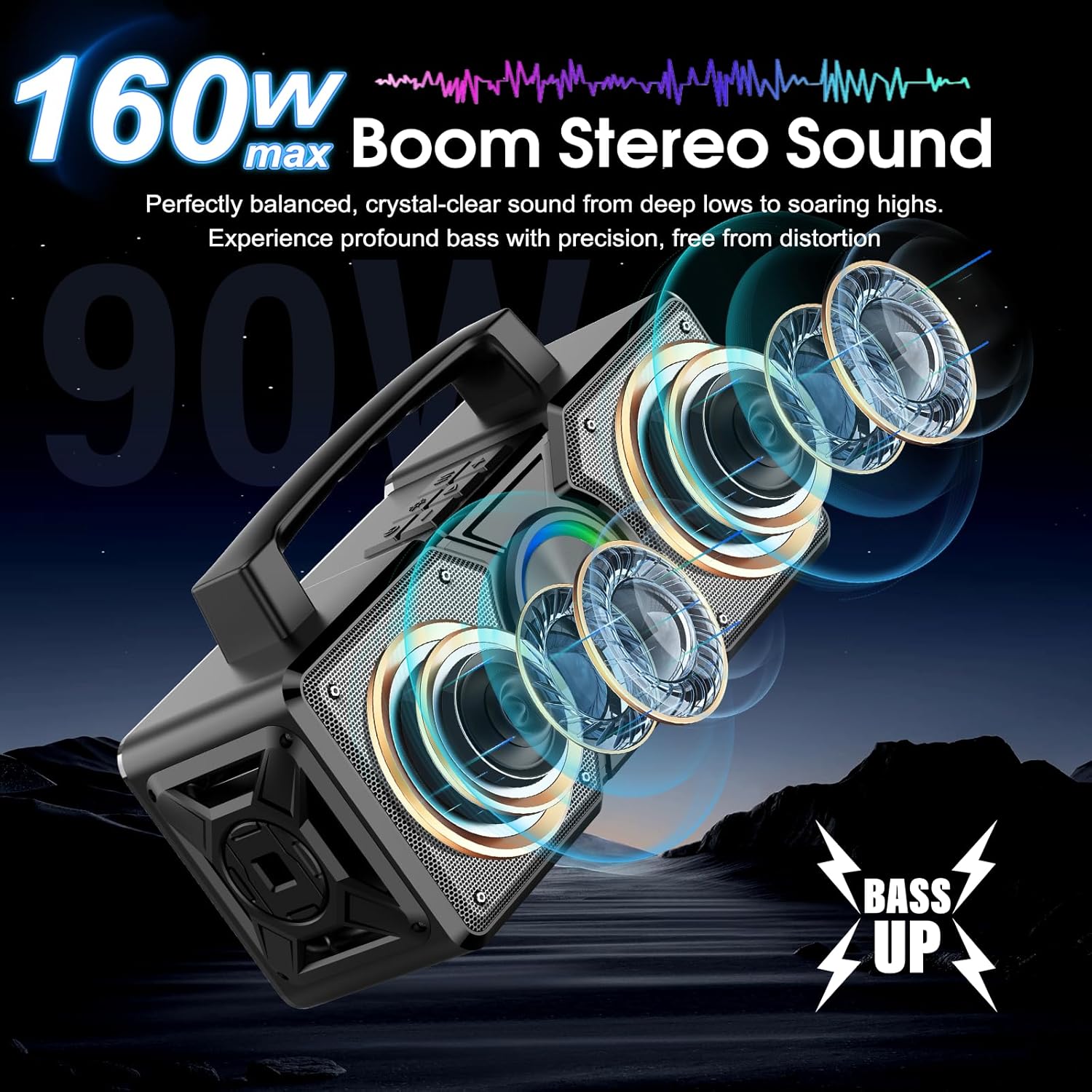 ORANGLES Hupoaf Bluetooth Wireless Speaker 160W Max – Outdoor Boombox with Loud Bass, IPX7 Waterproof, TWS Pairing & All-Day Battery for Party, Beach & Garage - full product showcase - Image 5 of 5 | suitable for professionals | Florida | Free Shipping ORANGLES