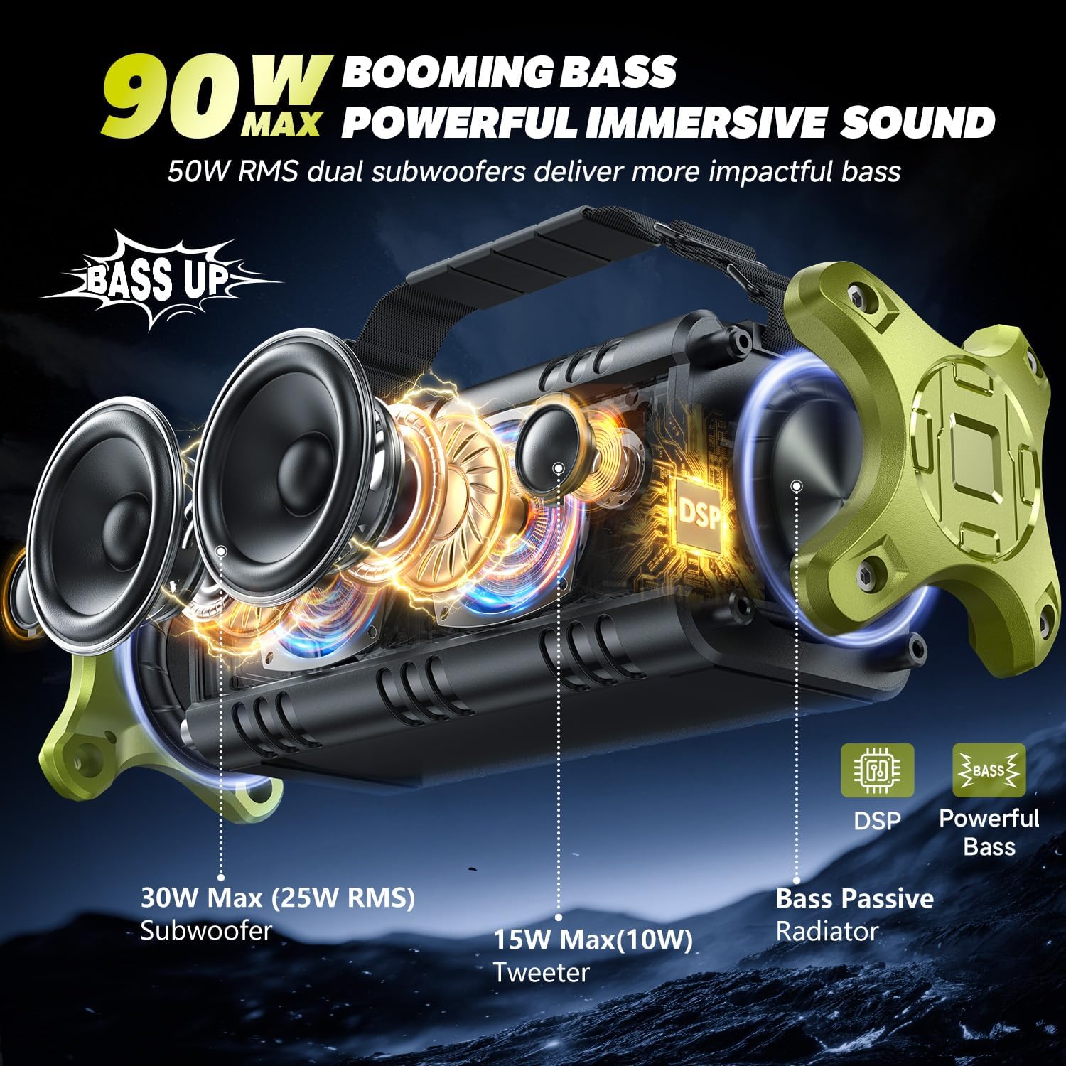 ORANGLES Portable Bluetooth Wireless Speaker 90W Max – Outdoor Boombox with 50W Deep Bass, IPX6 Waterproof, 40H Playtime, EQ & Dual Pairing for Beach, Garage & Jobsite - angled perspective - Image 4 of 4 | excellent for daily use | New York | Free Shipping ORANGLES