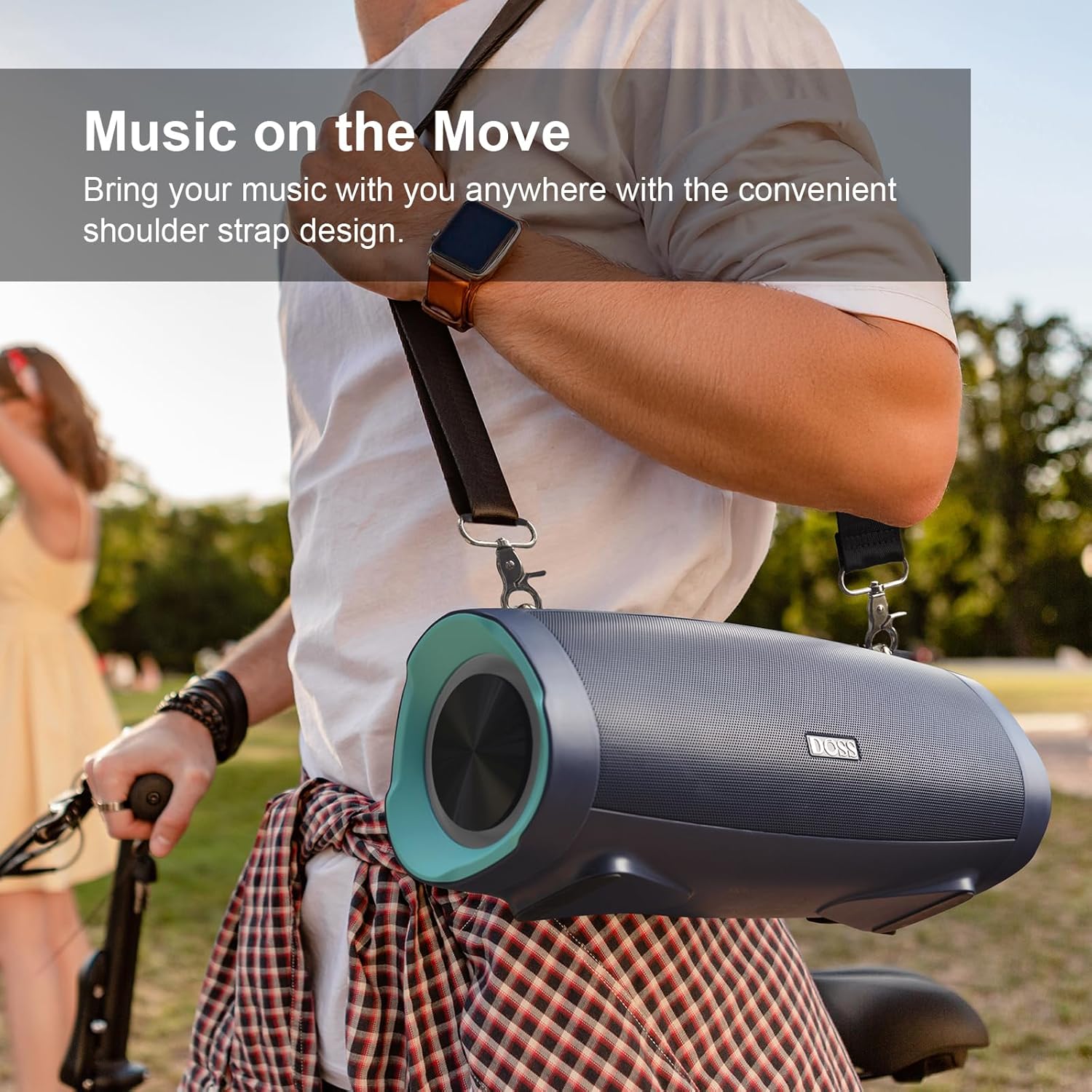 ORANGLES DOSS Extreme Boom Pro D100 Bluetooth Speaker – 140W Peak / 70W Bold Sound, Extra Bass, IPX6 Waterproof, 24H Playtime, Beat-Sync Lights & Portable Strap (Blue) - detailed closeup view - Image 3 of 4 | great for travel | Texas | Free Shipping ORANGLES