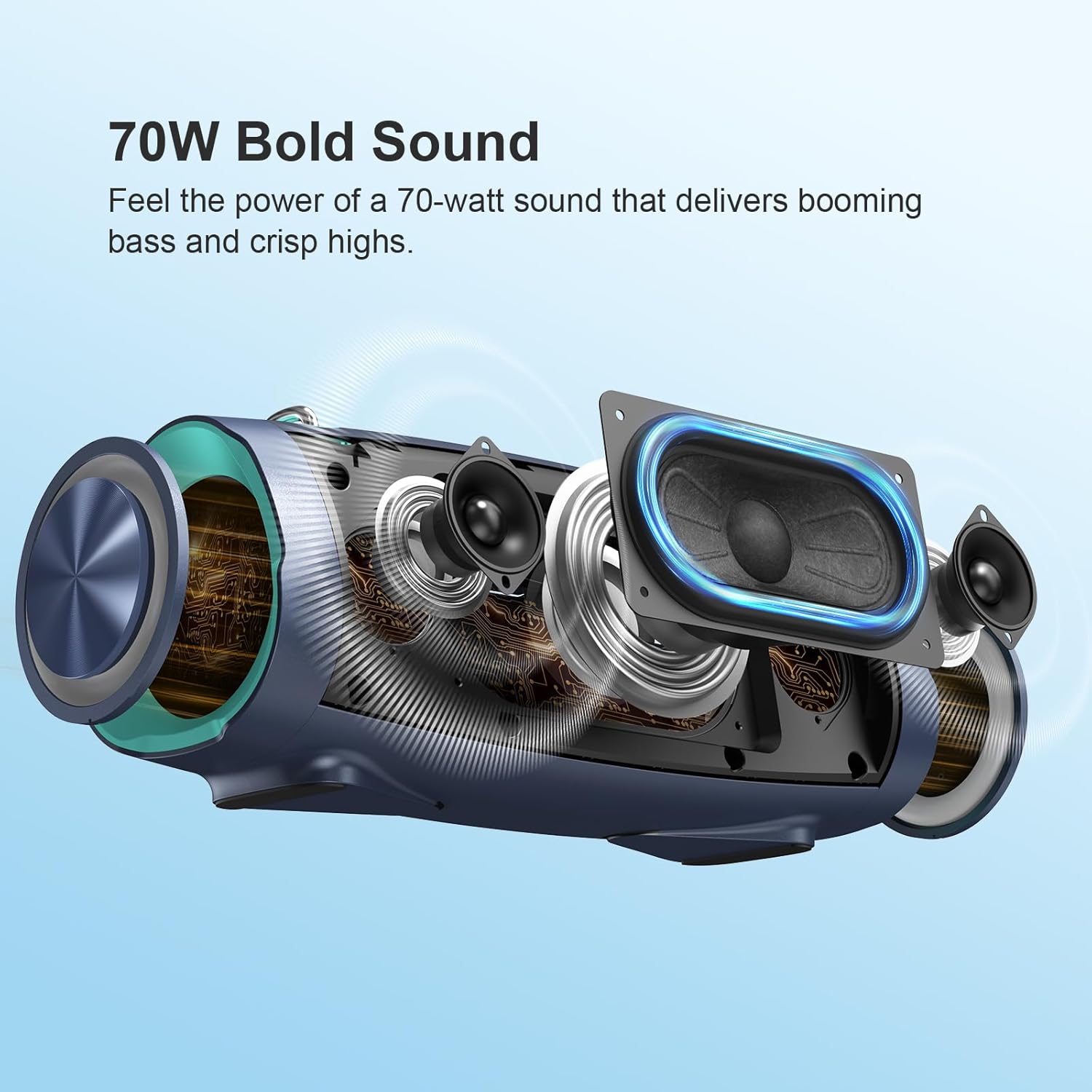 ORANGLES DOSS Extreme Boom Pro D100 Bluetooth Speaker – 140W Peak / 70W Bold Sound, Extra Bass, IPX6 Waterproof, 24H Playtime, Beat-Sync Lights & Portable Strap (Blue) - angled perspective - Image 4 of 4 | excellent for daily use | New York | Free Shipping ORANGLES