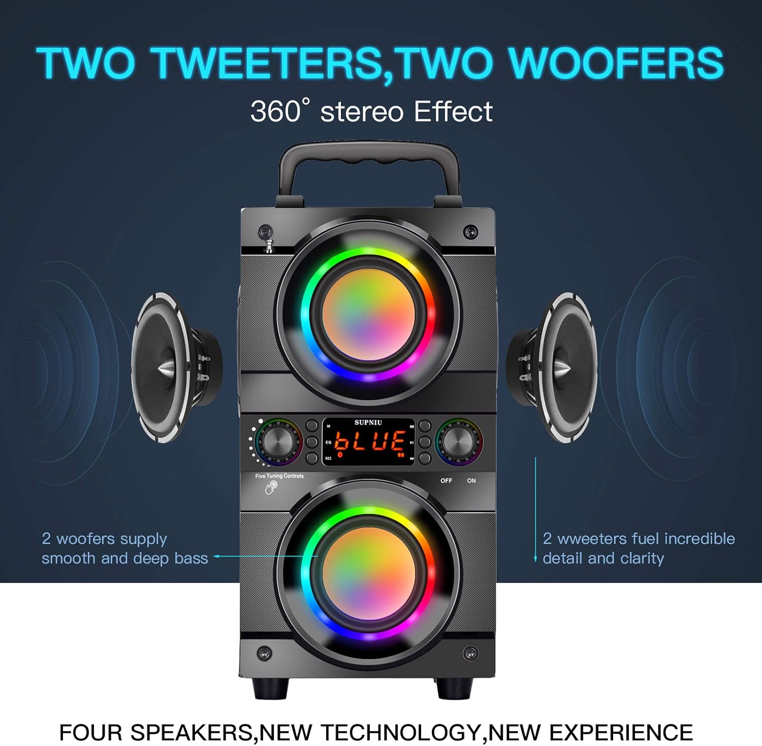ORANGLES 60W (80W Peak) Portable Bluetooth Speaker – Double Subwoofer Heavy Bass, Bluetooth 5.0 100ft Range, FM Radio, LED Colorful Lights & Stereo Sound for Home, Party & Travel - high resolution display - Image 2 of 4 | perfect for office | California | Free Shipping ORANGLES