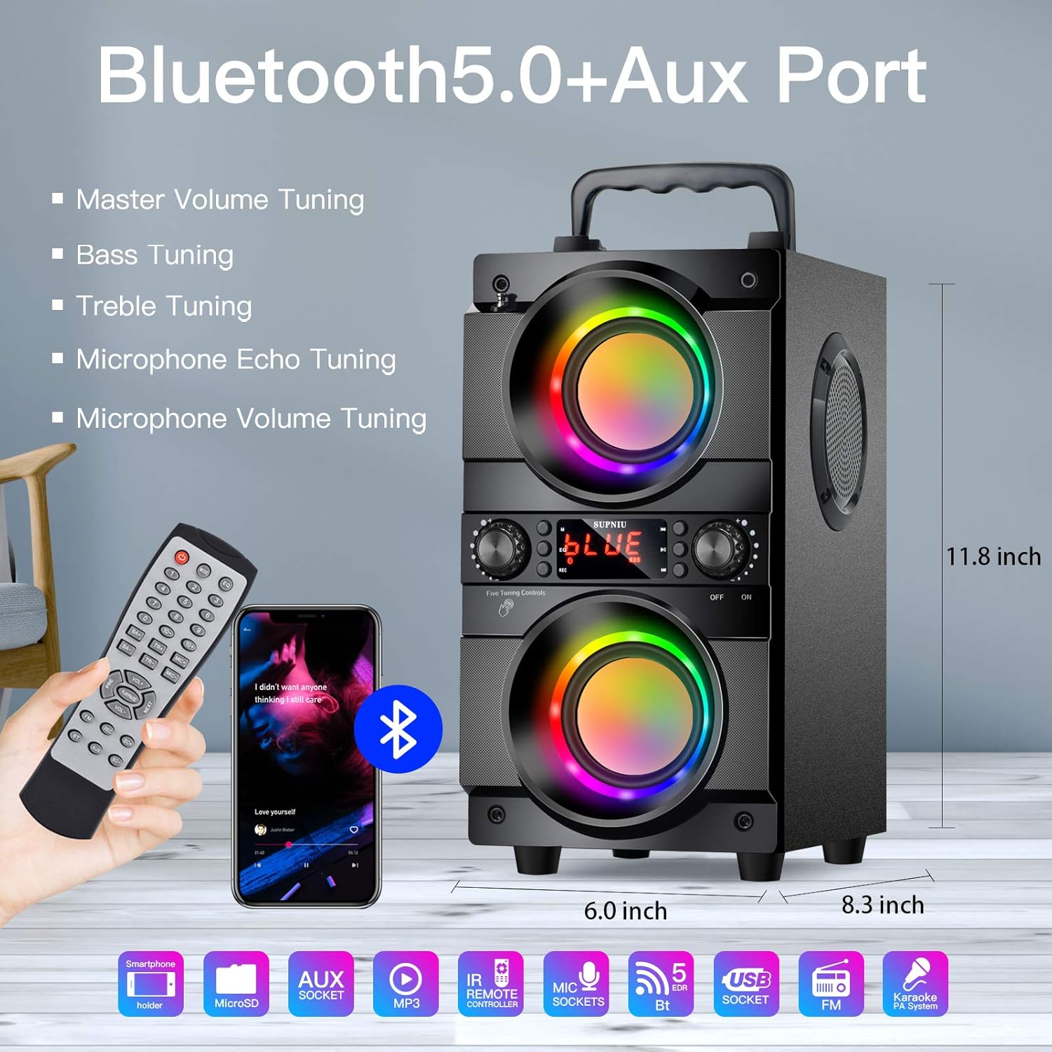 ORANGLES 60W (80W Peak) Portable Bluetooth Speaker – Double Subwoofer Heavy Bass, Bluetooth 5.0 100ft Range, FM Radio, LED Colorful Lights & Stereo Sound for Home, Party & Travel - angled perspective - Image 4 of 4 | excellent for daily use | New York | Free Shipping ORANGLES