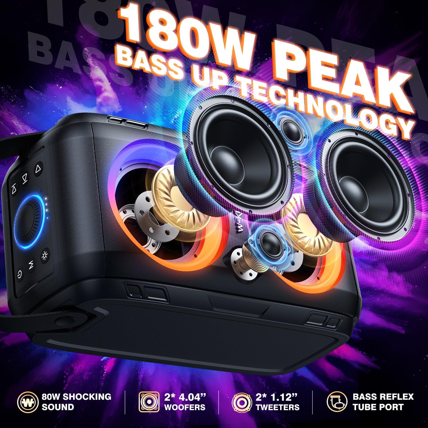 ORANGLES W-KING Party Bluetooth Boom Box Speaker – 180W Max Loud Wireless Outdoor Speaker, 4 Drivers, 2×4.04” Subwoofer, IPX5 Waterproof, 24H Playtime, EQ & Deep Bass - angled perspective - Image 4 of 4 | excellent for daily use | New York | Free Shipping ORANGLES