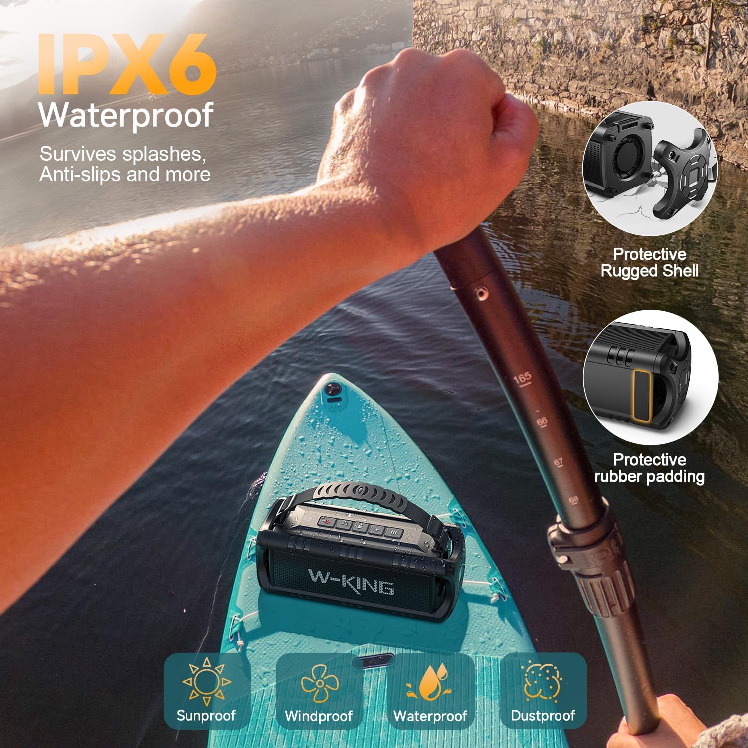 ORANGLES W-KING Portable Bluetooth Speaker Wireless – 60W Peak / 30W RMS IPX6 Waterproof Outdoor Boombox with Powerful Bass, 24H Playtime, EQ, USB & TF Card - detailed closeup view - Image 3 of 5 | great for travel | Texas | Free Shipping ORANGLES