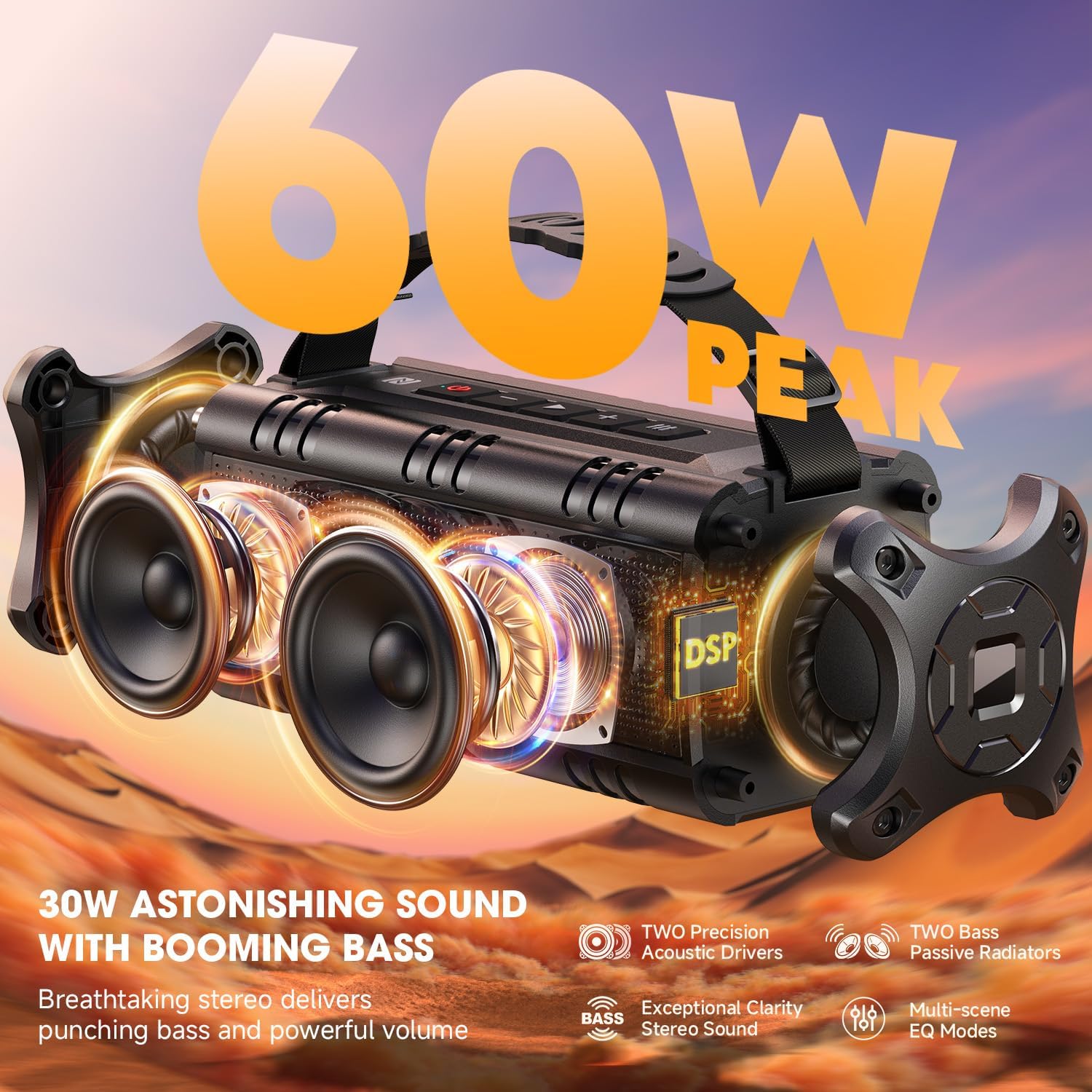 ORANGLES W-KING Portable Bluetooth Speaker Wireless – 60W Peak / 30W RMS IPX6 Waterproof Outdoor Boombox with Powerful Bass, 24H Playtime, EQ, USB & TF Card - angled perspective - Image 4 of 5 | excellent for daily use | New York | Free Shipping ORANGLES
