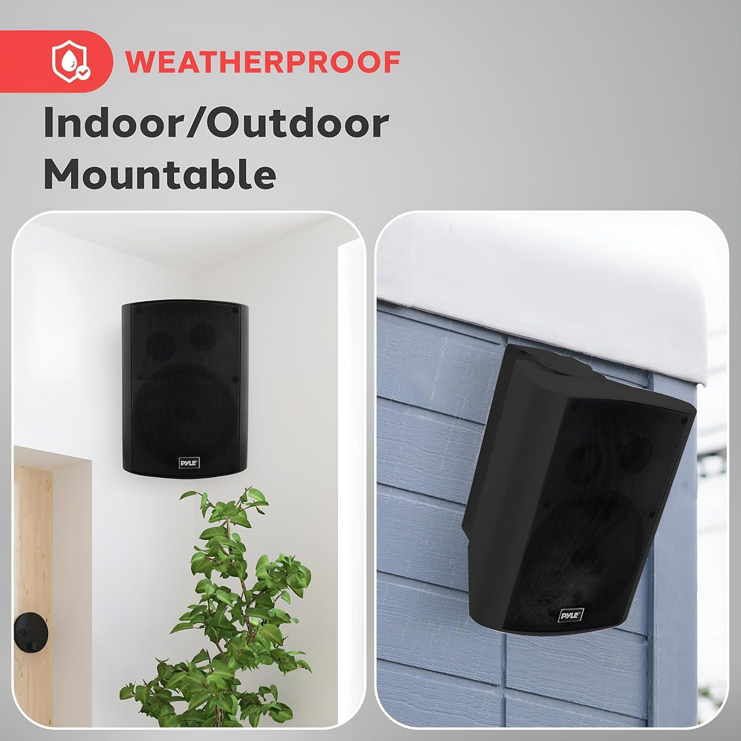 ORANGLES Pyle Waterproof Wall Mount Speaker System – 5.25 Inch Bluetooth Indoor/Outdoor Stereo Speakers with Active & Passive Pair, AUX Input (PDWR52BTBK Black) - angled perspective - Image 4 of 6 | excellent for daily use | New York | Free Shipping ORANGLES