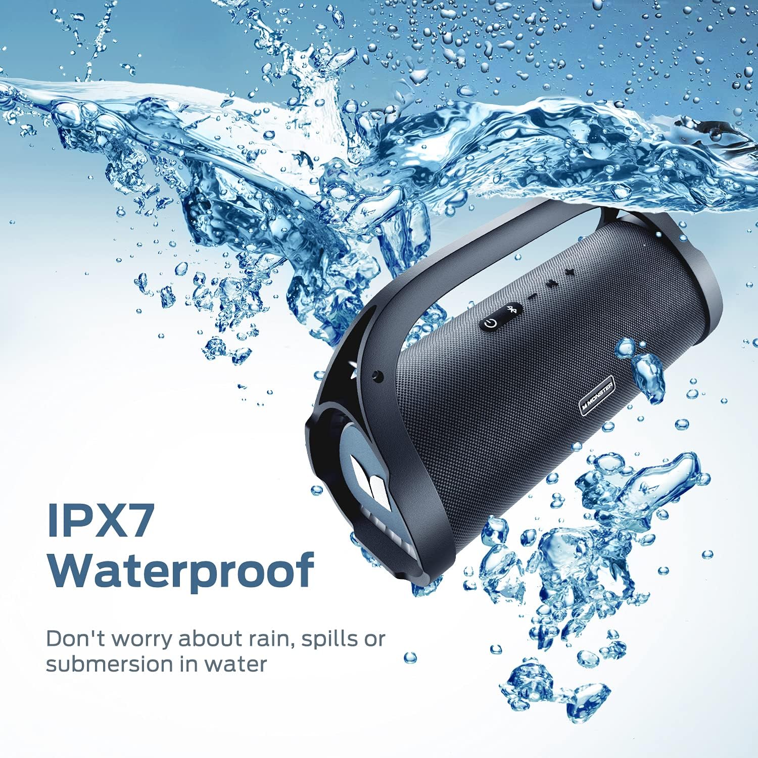 ORANGLES Monster Adventurer Max Bluetooth Speaker – IPX7 Waterproof Portable Speaker with Double Subwoofer, 100W Stereo Sound, Rich Bass & 24H Playtime (Silver) - detailed closeup view - Image 3 of 4 | great for travel | Texas | Free Shipping ORANGLES