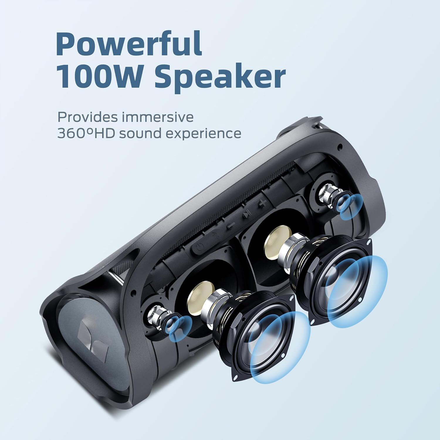 ORANGLES Monster Adventurer Max Bluetooth Speaker – IPX7 Waterproof Portable Speaker with Double Subwoofer, 100W Stereo Sound, Rich Bass & 24H Playtime (Silver) - angled perspective - Image 4 of 4 | excellent for daily use | New York | Free Shipping ORANGLES