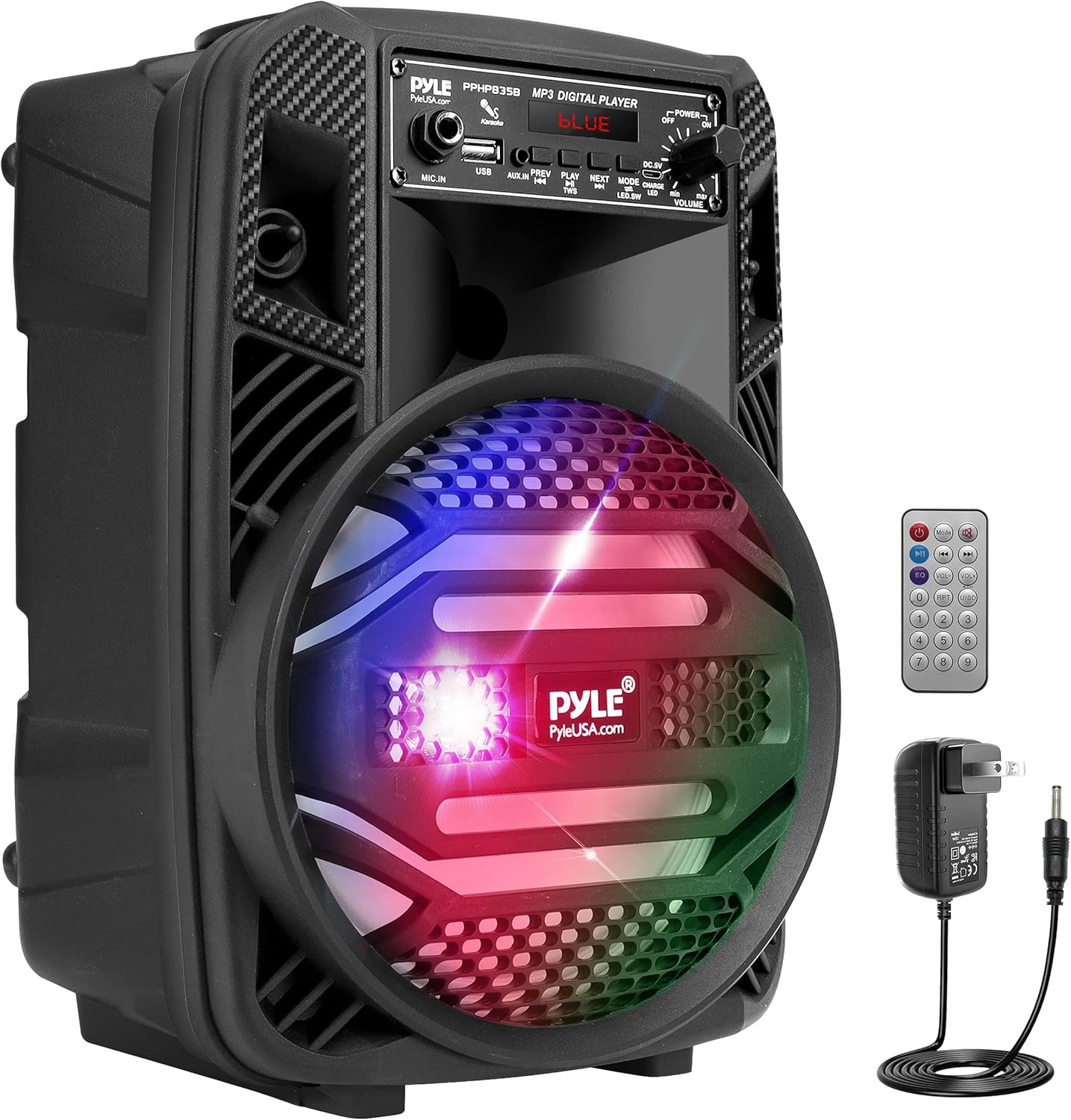 ORANGLES Pyle Portable Bluetooth PA Speaker System 300W – Rechargeable Outdoor PA Speaker with 8” Subwoofer, 1” Tweeter, Party Lights, USB/MP3/FM Radio & Remote (PPHP835B)  - Main Product Image - professional product shot | Buy Pyle Portable Bluetooth PA Speaker System 300W – Rechargeable Outdoor PA Speaker with 8” Subwoofer, 1” Tweeter, Party Lights, USB/MP3/FM Radio & Remote (PPHP835B) online USA | ORANGLES