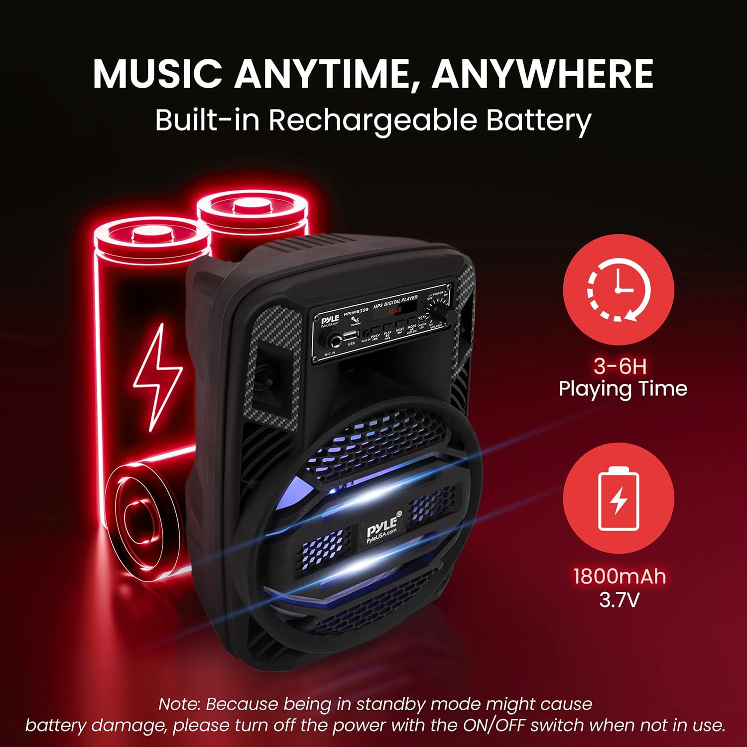 ORANGLES Pyle Portable Bluetooth PA Speaker System 300W – Rechargeable Outdoor PA Speaker with 8” Subwoofer, 1” Tweeter, Party Lights, USB/MP3/FM Radio & Remote (PPHP835B) - high resolution display - Image 2 of 5 | perfect for office | California | Free Shipping ORANGLES