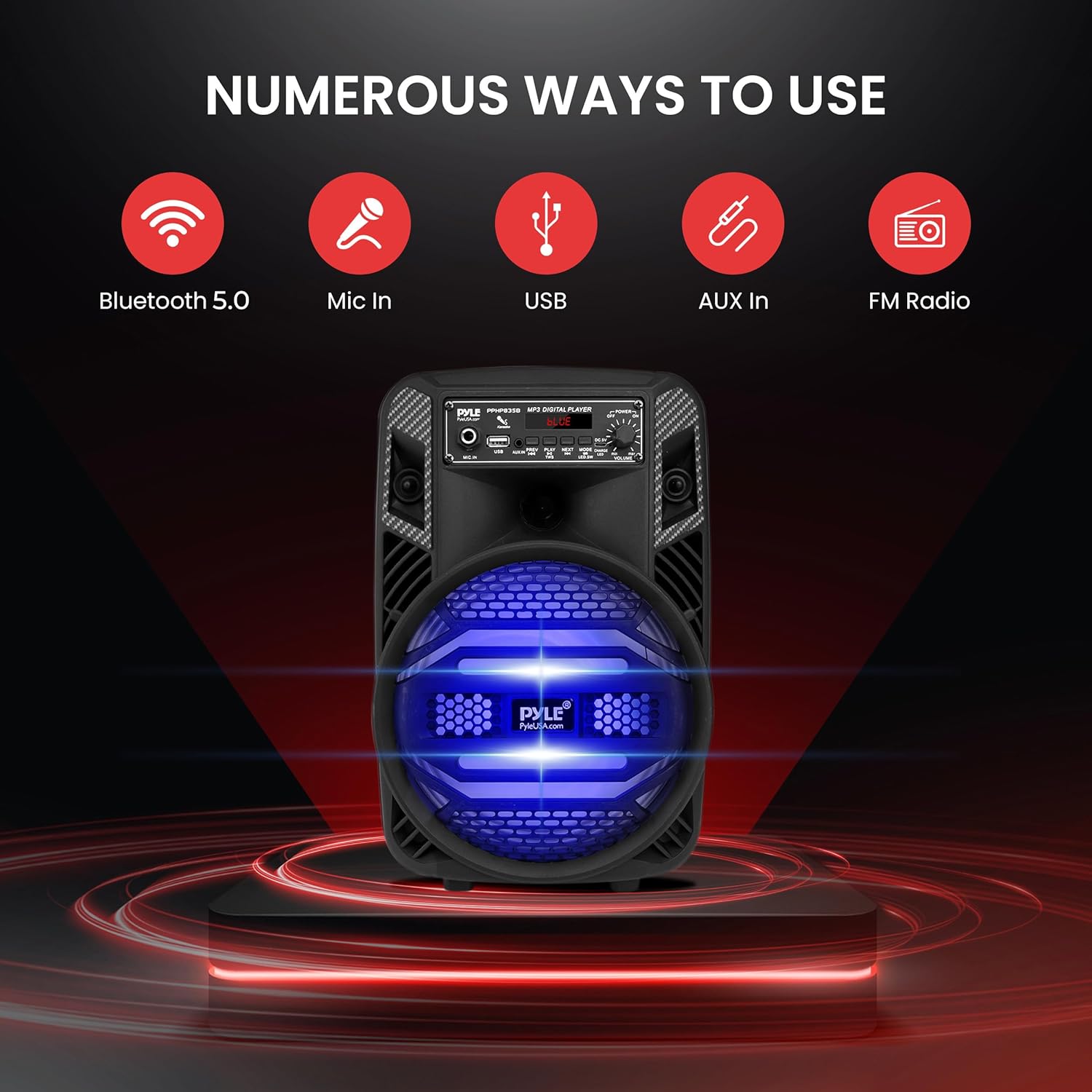 ORANGLES Pyle Portable Bluetooth PA Speaker System 300W – Rechargeable Outdoor PA Speaker with 8” Subwoofer, 1” Tweeter, Party Lights, USB/MP3/FM Radio & Remote (PPHP835B) - angled perspective - Image 4 of 5 | excellent for daily use | New York | Free Shipping ORANGLES