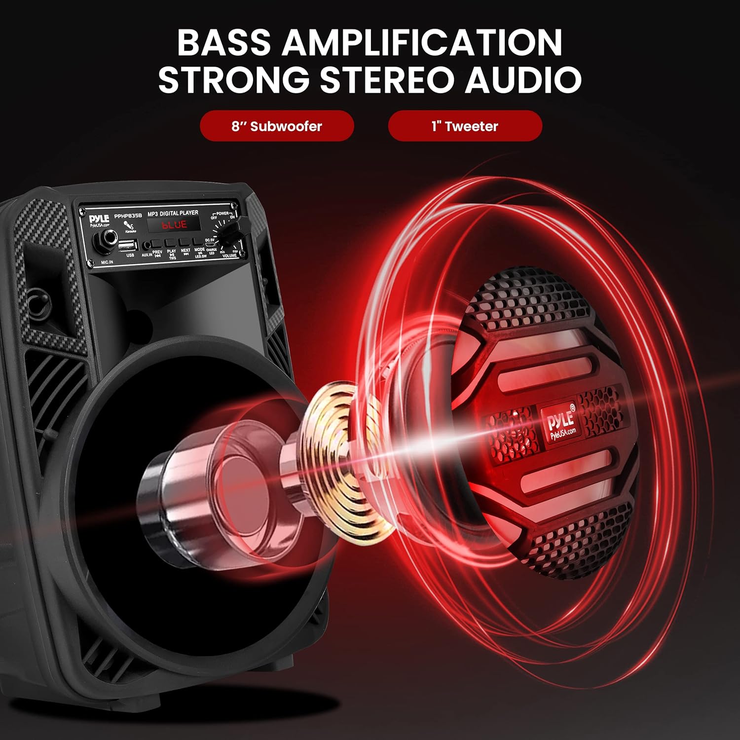 ORANGLES Pyle Portable Bluetooth PA Speaker System 300W – Rechargeable Outdoor PA Speaker with 8” Subwoofer, 1” Tweeter, Party Lights, USB/MP3/FM Radio & Remote (PPHP835B) - full product showcase - Image 5 of 5 | suitable for professionals | Florida | Free Shipping ORANGLES