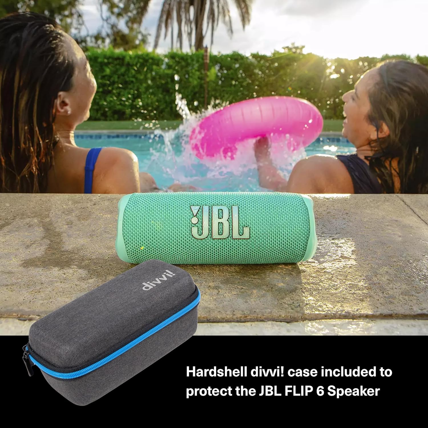 ORANGLES JBL Flip 6 Bluetooth Speaker (Blue) Bundle with divvi! Protective Hardshell Case – Waterproof Portable Wireless Speaker with Deep Bass & Travel Protection - angled perspective - Image 4 of 4 | excellent for daily use | New York | Free Shipping ORANGLES