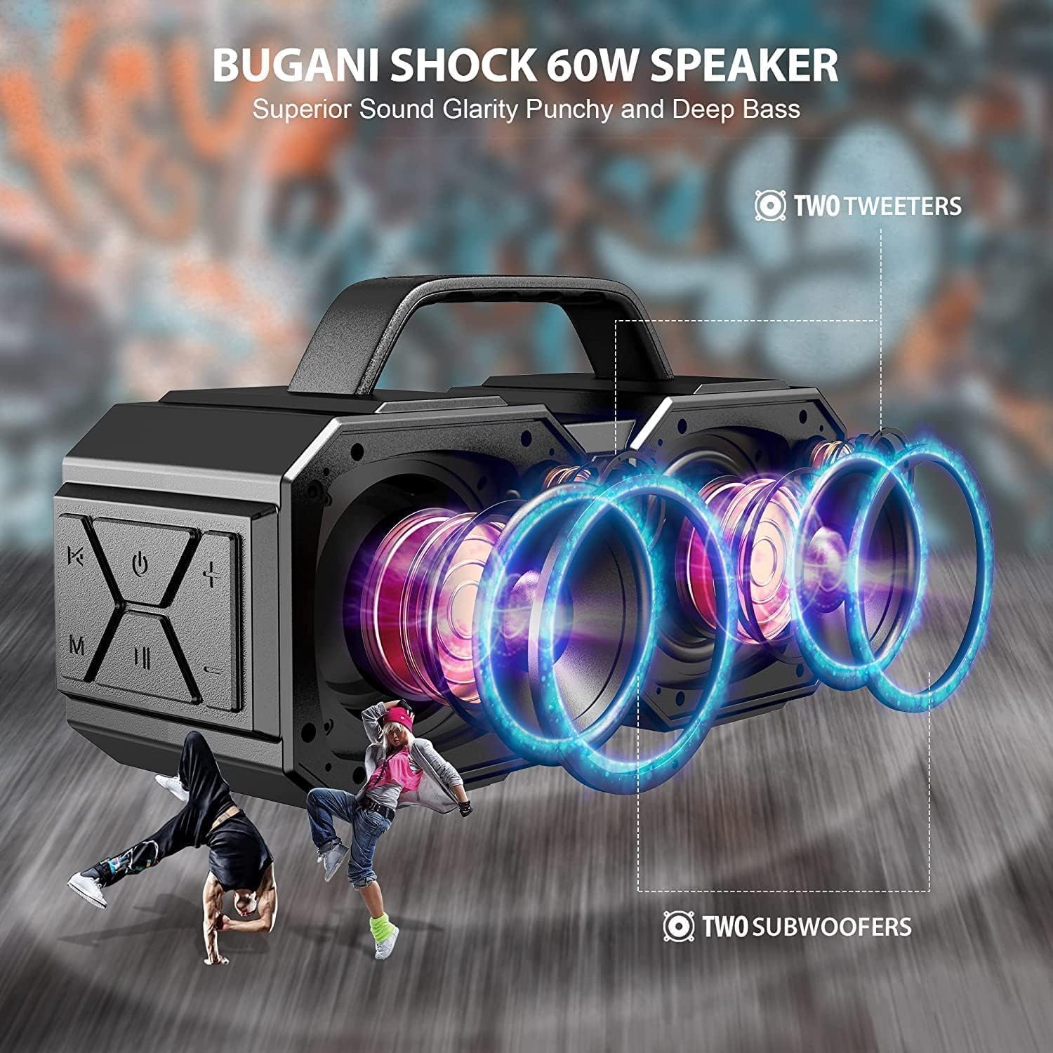 ORANGLES BUGANI Shock Bluetooth Speaker – Portable Bluetooth 5.3 Waterproof Outdoor Speaker with 60W Super Power & Deep Bass (Black) - detailed closeup view - Image 3 of 4 | great for travel | Texas | Free Shipping ORANGLES