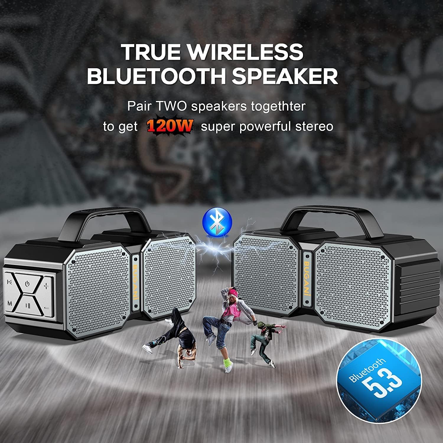 ORANGLES BUGANI Shock Bluetooth Speaker – Portable Bluetooth 5.3 Waterproof Outdoor Speaker with 60W Super Power & Deep Bass (Black) - angled perspective - Image 4 of 4 | excellent for daily use | New York | Free Shipping ORANGLES