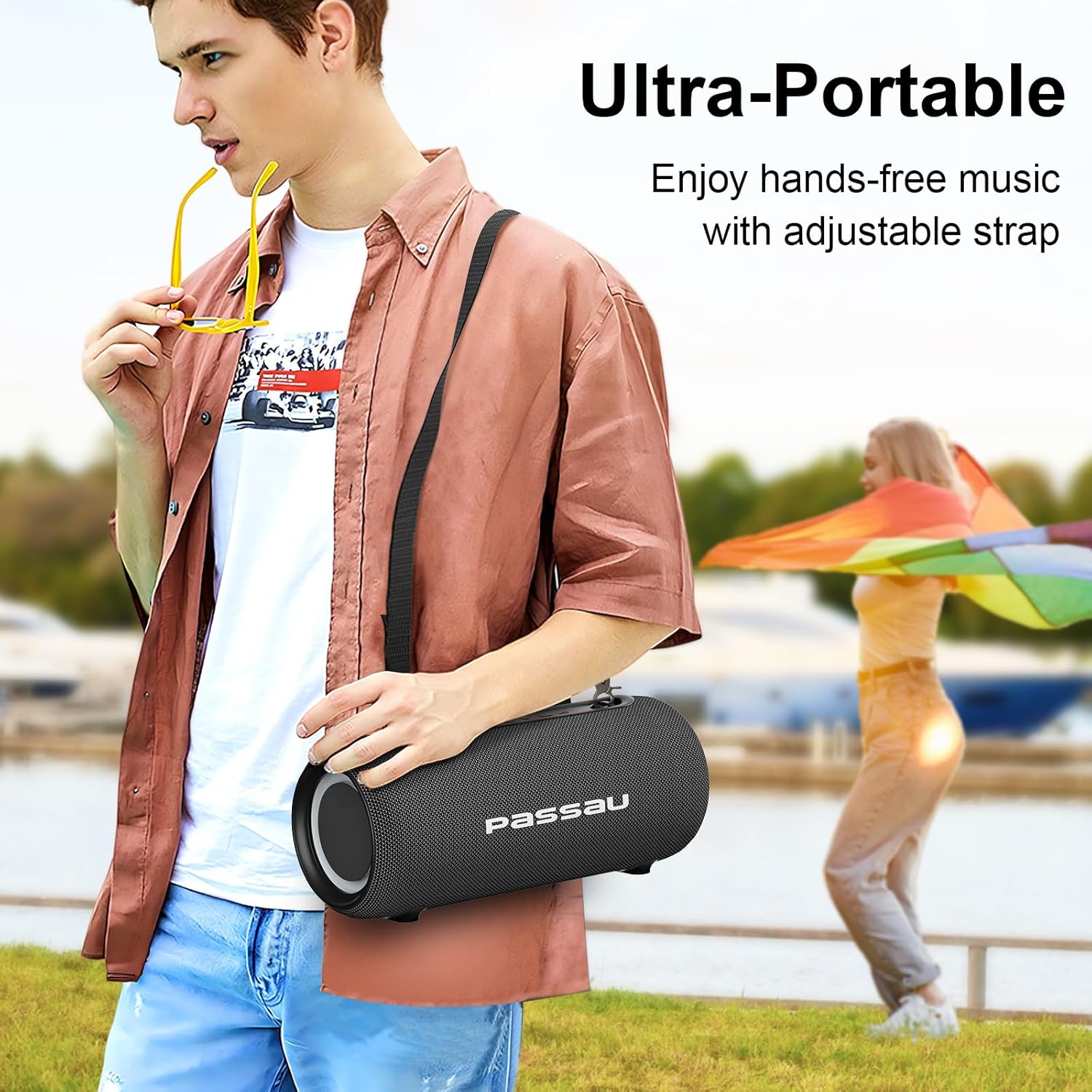 ORANGLES Passau Portable Bluetooth Speaker 40W Peak – Loud Stereo Sound, Deep Bass Passive Radiators, BT 5.3, IPX5 Waterproof, RGB Lights & All-Day Playtime - angled perspective - Image 4 of 5 | excellent for daily use | New York | Free Shipping ORANGLES