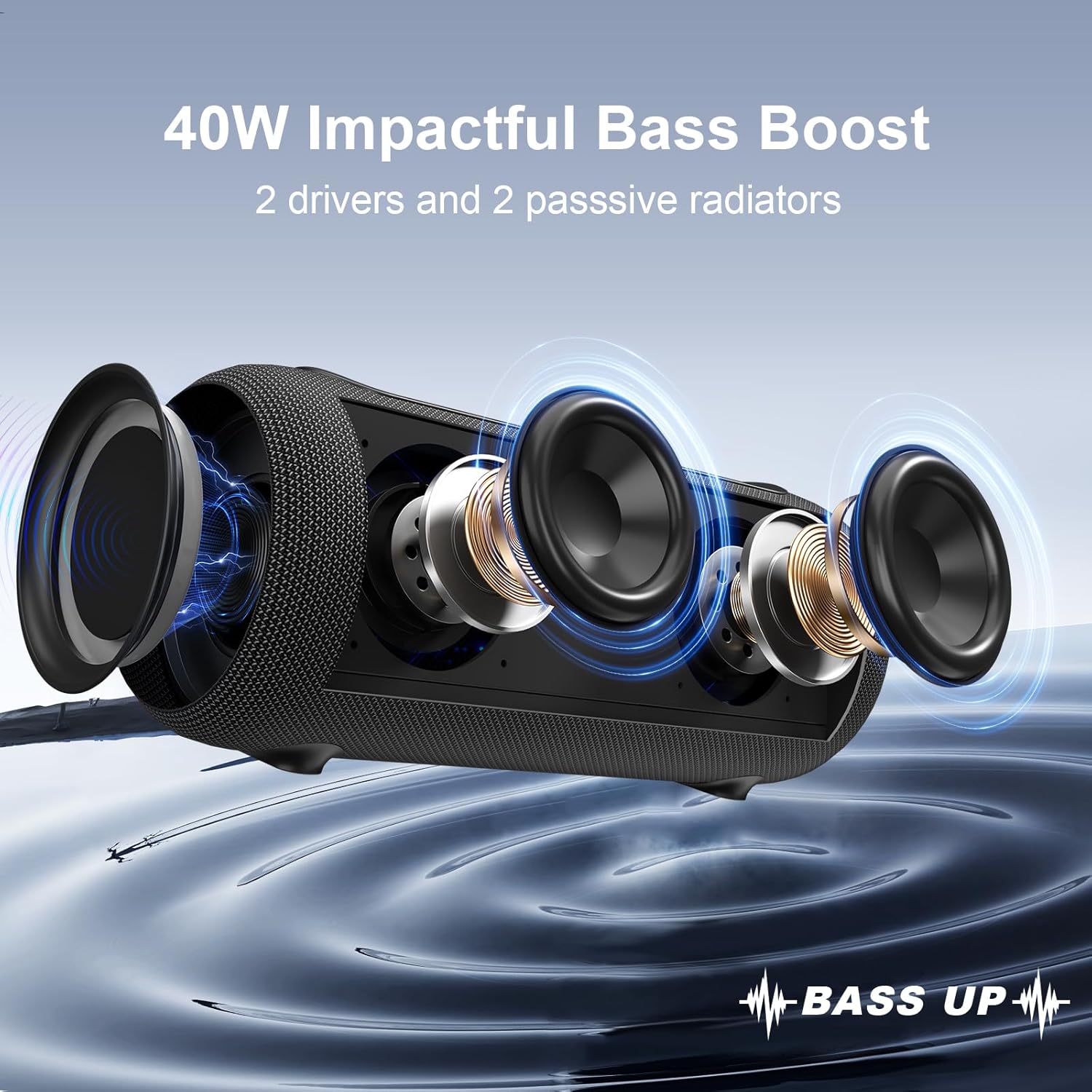 ORANGLES Passau Portable Bluetooth Speaker 40W Peak – Loud Stereo Sound, Deep Bass Passive Radiators, BT 5.3, IPX5 Waterproof, RGB Lights & All-Day Playtime - full product showcase - Image 5 of 5 | suitable for professionals | Florida | Free Shipping ORANGLES