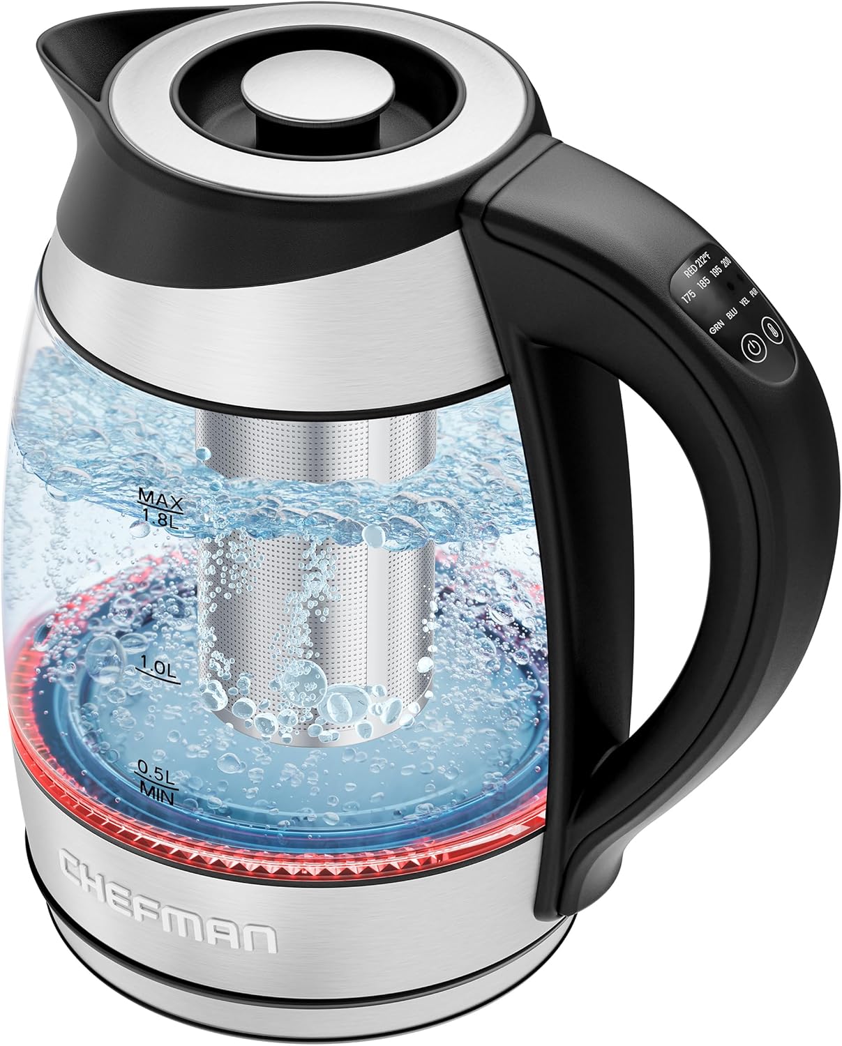 ORANGLES Chefman Electric Kettle with Temperature Control – 1.8L Glass Hot Water Boiler, 5 Presets LED Lights, Removable Tea Infuser, 360° Swivel Base, BPA-Free Stainless Steel  - Main Product Image - professional product shot | Buy Chefman Electric Kettle with Temperature Control – 1.8L Glass Hot Water Boiler, 5 Presets LED Lights, Removable Tea Infuser, 360° Swivel Base, BPA-Free Stainless Steel online USA | ORANGLES