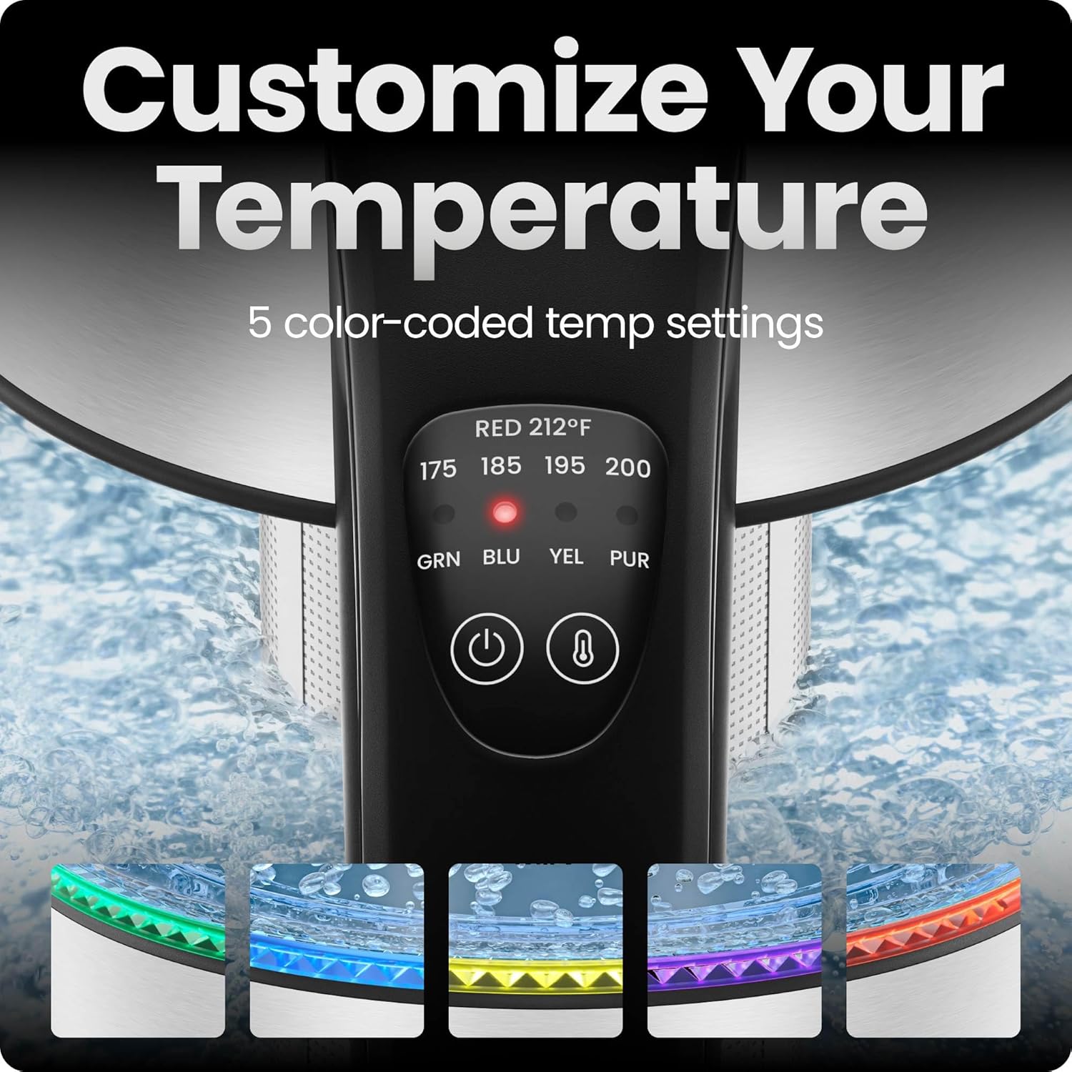 ORANGLES Chefman Electric Kettle with Temperature Control – 1.8L Glass Hot Water Boiler, 5 Presets LED Lights, Removable Tea Infuser, 360° Swivel Base, BPA-Free Stainless Steel - detailed closeup view - Image 3 of 4 | great for travel | Texas | Free Shipping ORANGLES