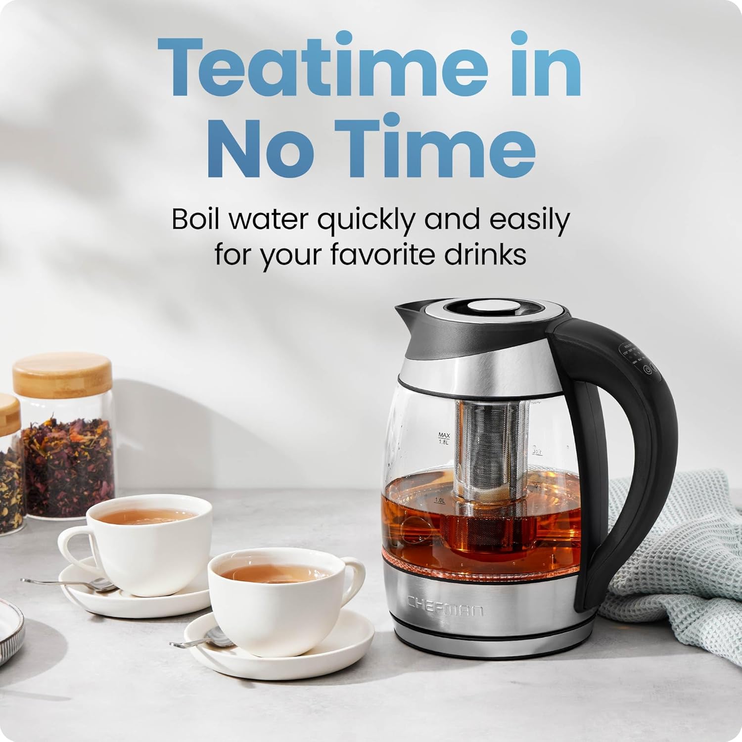 ORANGLES Chefman Electric Kettle with Temperature Control – 1.8L Glass Hot Water Boiler, 5 Presets LED Lights, Removable Tea Infuser, 360° Swivel Base, BPA-Free Stainless Steel - angled perspective - Image 4 of 4 | excellent for daily use | New York | Free Shipping ORANGLES