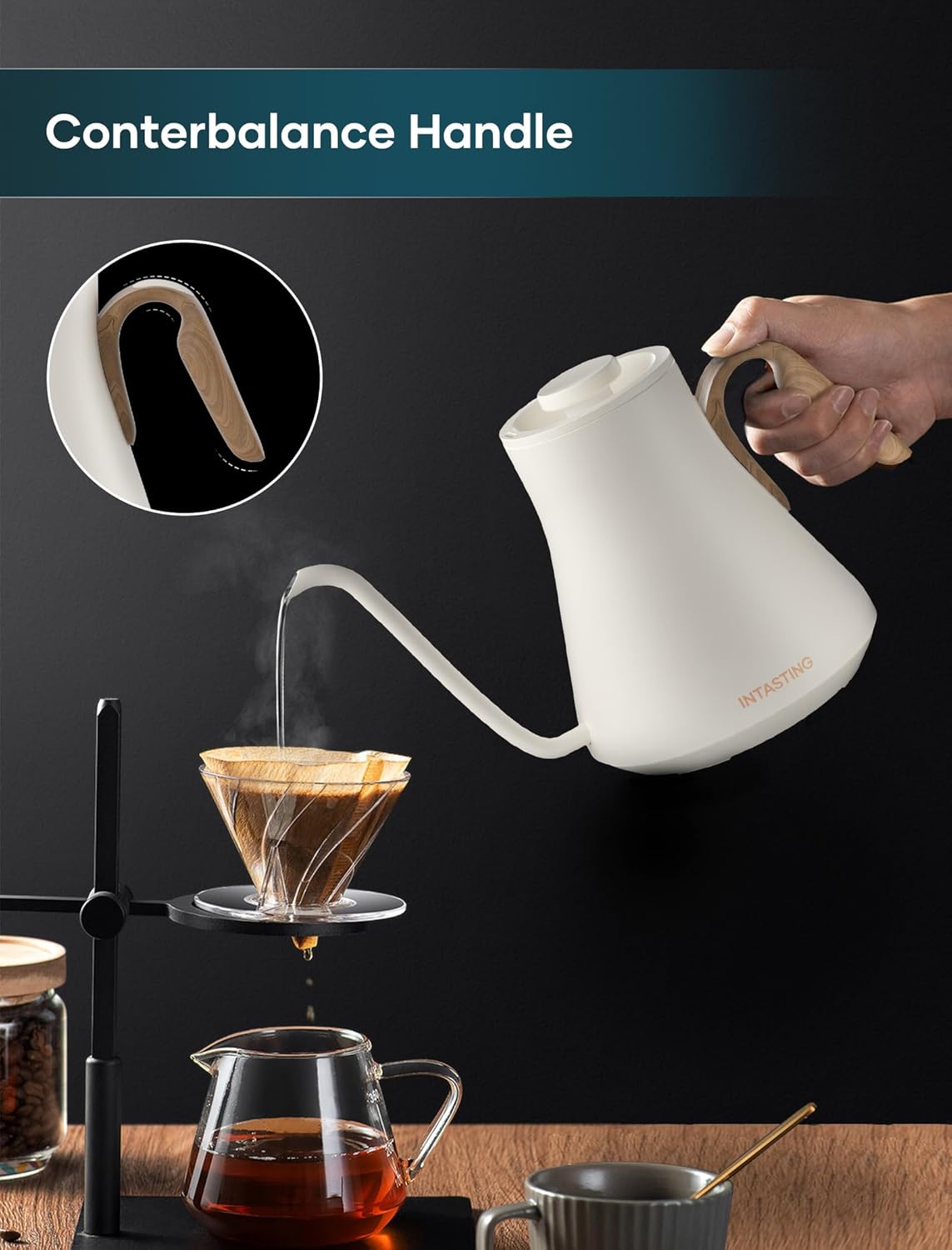 ORANGLES INTASTING Electric Gooseneck Kettle – ±1℉ Precise Temperature Control Stainless Steel, Fast Heating Pour Over Coffee & Tea Kettle, 0.9L (Cream White) - angled perspective - Image 4 of 4 | excellent for daily use | New York | Free Shipping ORANGLES