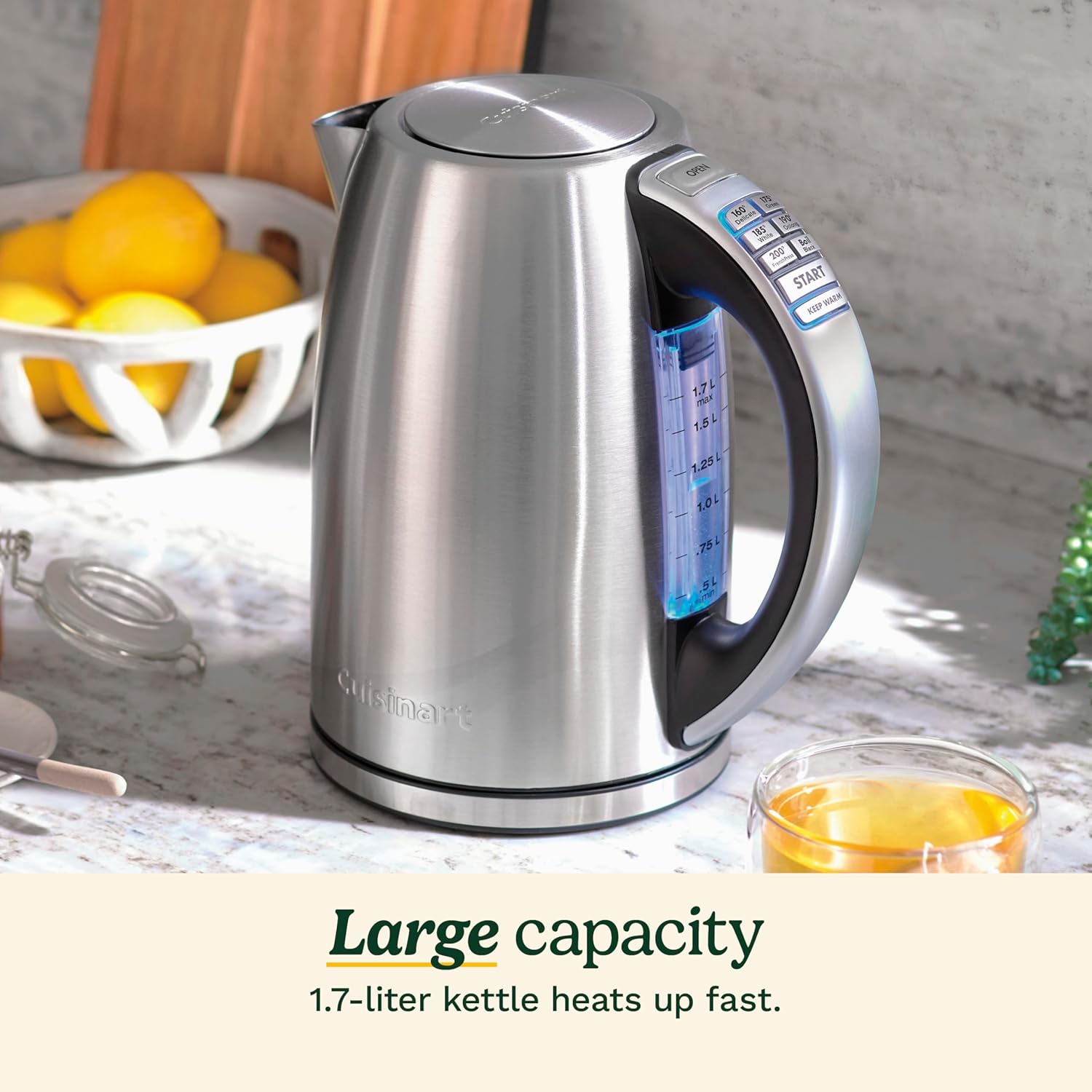 ORANGLES Cuisinart PerfecTemp 1.7L Electric Kettle – Cordless Tea Kettle 1500W Fast Heating, 6 Preset Temperatures, 30-Min Keep Warm, Cool Touch Handle (CPK-17P1) - high resolution display - Image 2 of 4 | perfect for office | California | Free Shipping ORANGLES