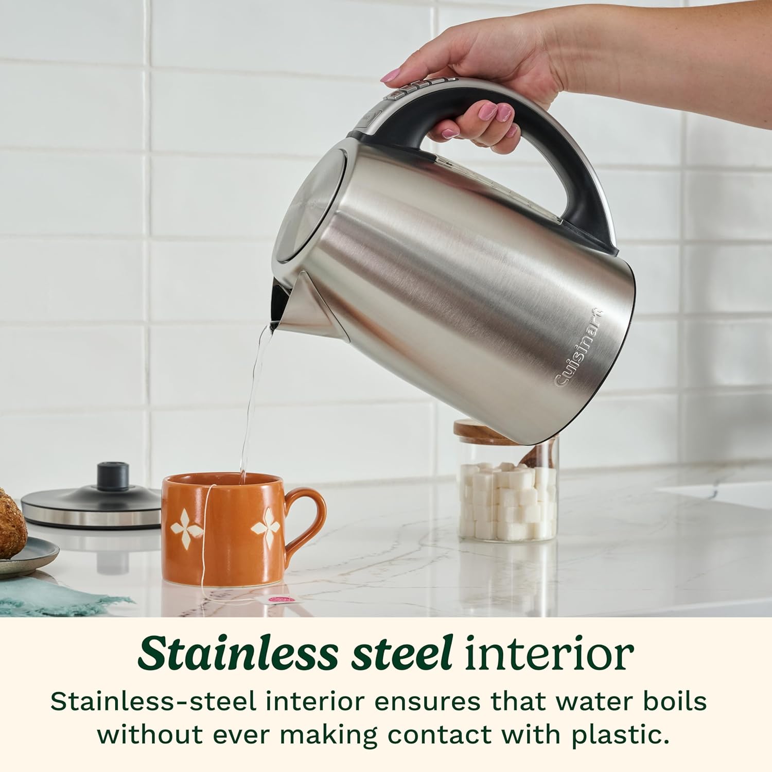 ORANGLES Cuisinart PerfecTemp 1.7L Electric Kettle – Cordless Tea Kettle 1500W Fast Heating, 6 Preset Temperatures, 30-Min Keep Warm, Cool Touch Handle (CPK-17P1) - detailed closeup view - Image 3 of 4 | great for travel | Texas | Free Shipping ORANGLES