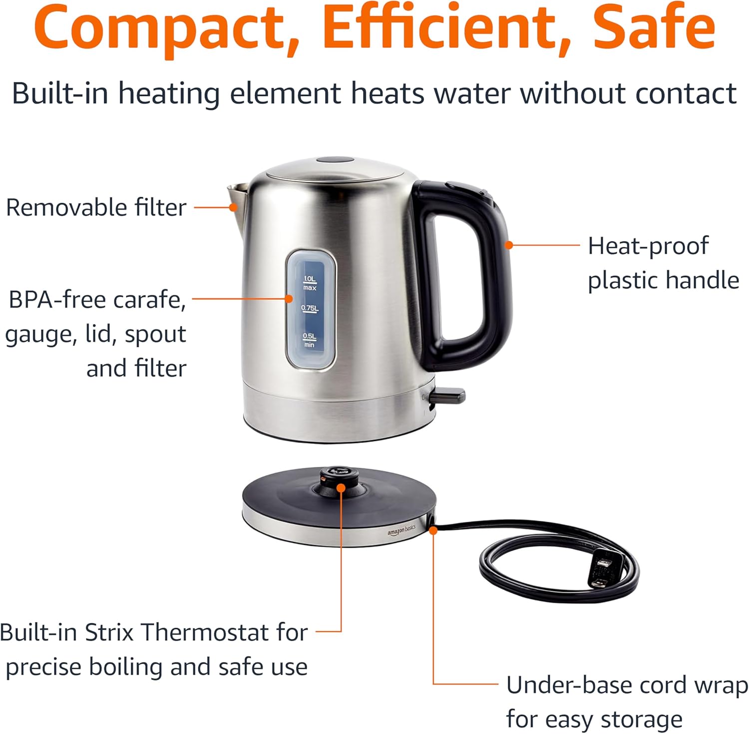ORANGLES Amazon Basics Electric Stainless Steel Kettle 1L – 1500W Fast Boiling Tea & Coffee Maker, BPA-Free, Auto Shut-Off Safety, Black & Silver - detailed closeup view - Image 3 of 4 | great for travel | Texas | Free Shipping ORANGLES