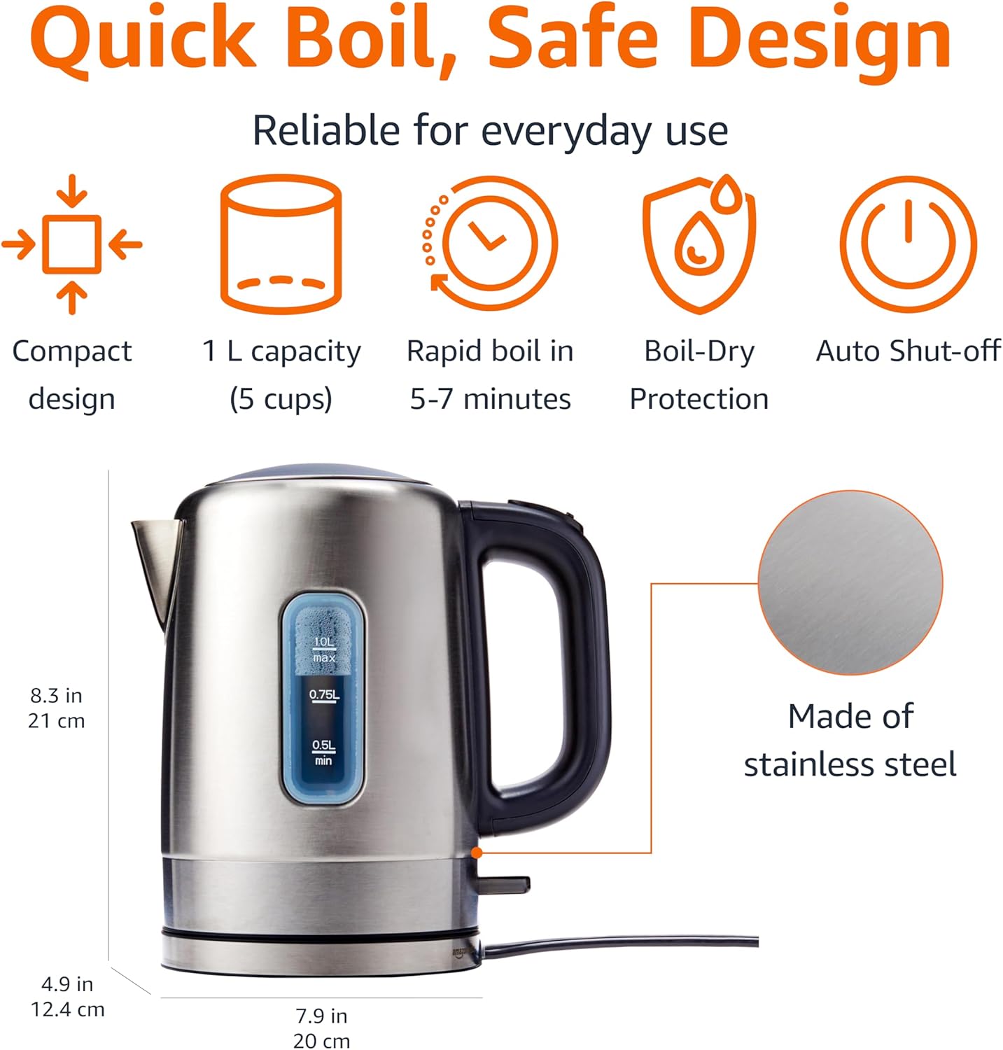 ORANGLES Amazon Basics Electric Stainless Steel Kettle 1L – 1500W Fast Boiling Tea & Coffee Maker, BPA-Free, Auto Shut-Off Safety, Black & Silver - angled perspective - Image 4 of 4 | excellent for daily use | New York | Free Shipping ORANGLES