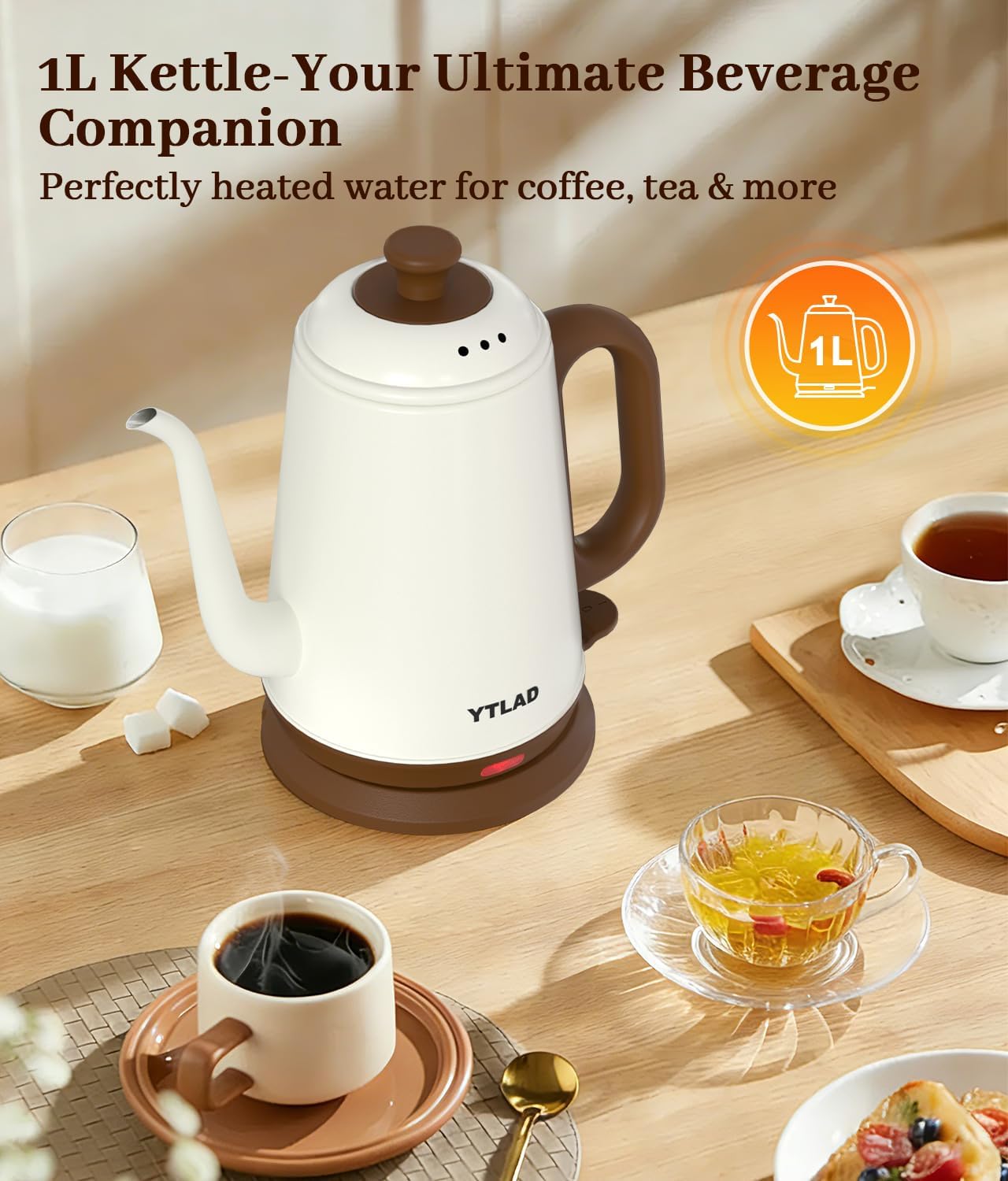 ORANGLES Gooseneck Electric Kettle 1L 1000W Fast Boil – 304 Stainless Steel BPA-Free Pour Over Coffee & Tea Kettle, Precise Spout, Auto Shut-Off & Boil-Dry Protection (Retro White) - high resolution display - Image 2 of 4 | perfect for office | California | Free Shipping ORANGLES