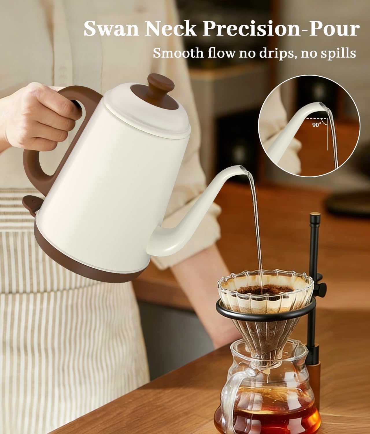 ORANGLES Gooseneck Electric Kettle 1L 1000W Fast Boil – 304 Stainless Steel BPA-Free Pour Over Coffee & Tea Kettle, Precise Spout, Auto Shut-Off & Boil-Dry Protection (Retro White) - detailed closeup view - Image 3 of 4 | great for travel | Texas | Free Shipping ORANGLES
