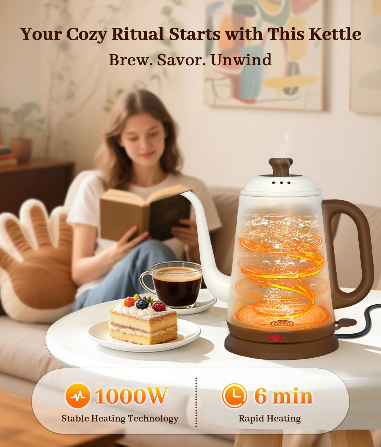 ORANGLES Gooseneck Electric Kettle 1L 1000W Fast Boil – 304 Stainless Steel BPA-Free Pour Over Coffee & Tea Kettle, Precise Spout, Auto Shut-Off & Boil-Dry Protection (Retro White) - angled perspective - Image 4 of 4 | excellent for daily use | New York | Free Shipping ORANGLES