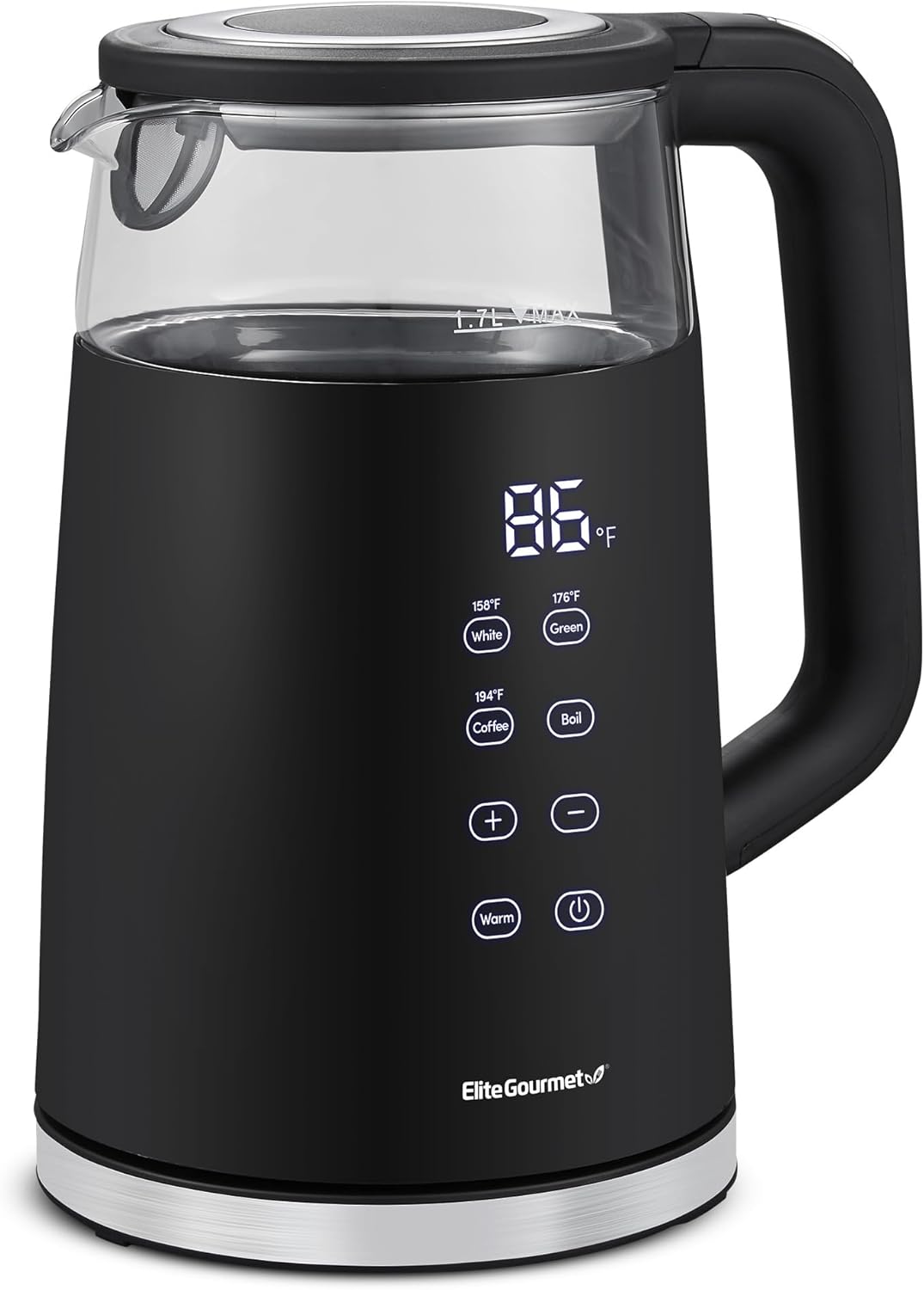 ORANGLES Elite Gourmet 1.7L Dual Wall Cool Touch Electric Tea Kettle – Borosilicate Glass, 304 Stainless Steel Interior, Digital Touchscreen, Keep Warm, Auto Shut-Off (Black)  - Main Product Image - professional product shot | Buy Elite Gourmet 1.7L Dual Wall Cool Touch Electric Tea Kettle – Borosilicate Glass, 304 Stainless Steel Interior, Digital Touchscreen, Keep Warm, Auto Shut-Off (Black) online USA | ORANGLES